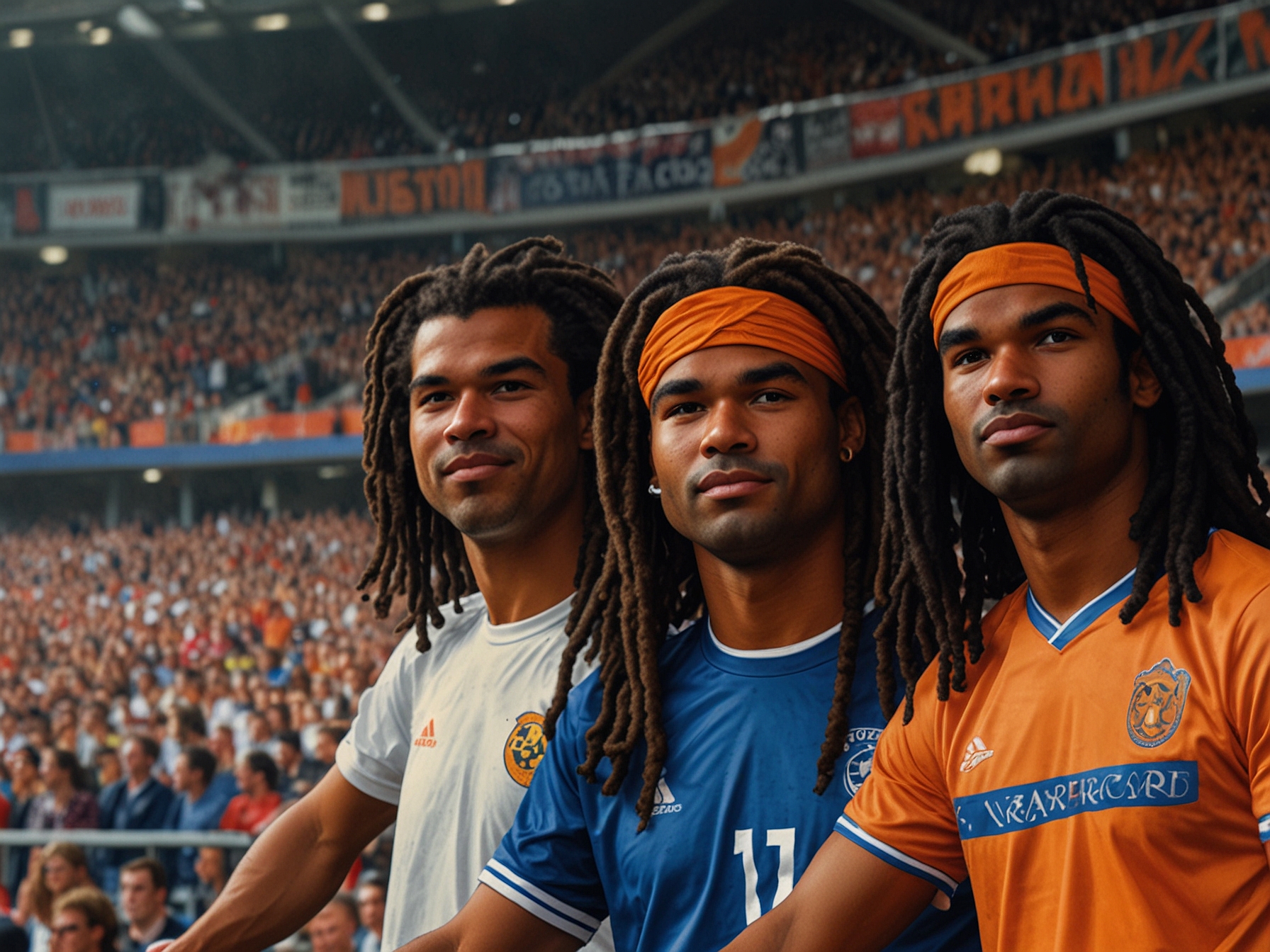 Fans in a stadium dressed up as Ruud Gullit, with painted faces and dreadlocked wigs, showing their admiration for the iconic Dutch footballer, sparking a debate on racial sensitivity.