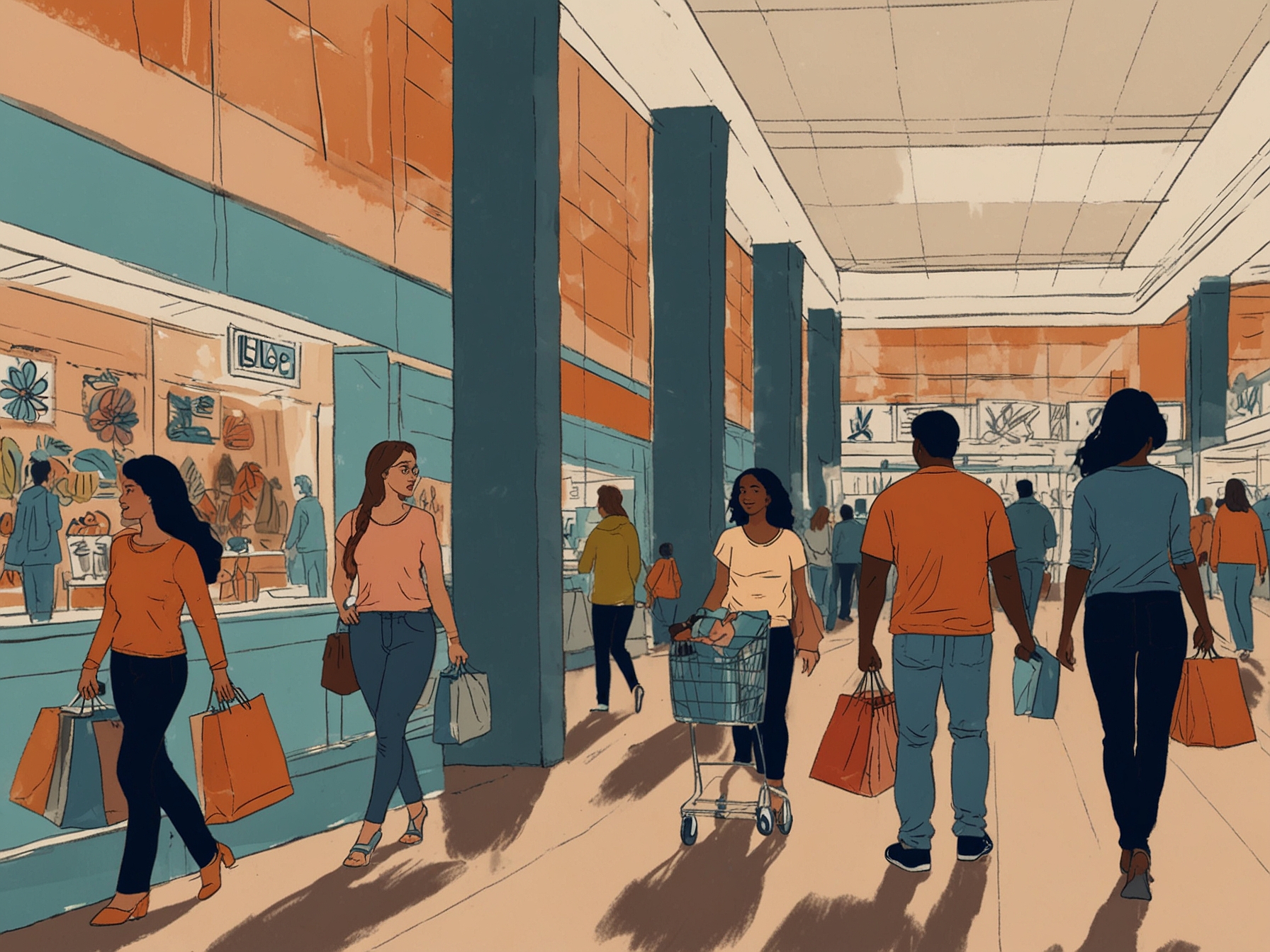 A diverse group of people shopping at a mall, showcasing boosted consumer spending and confidence. Displays of vibrant retail activity reflect optimism despite economic pressures.