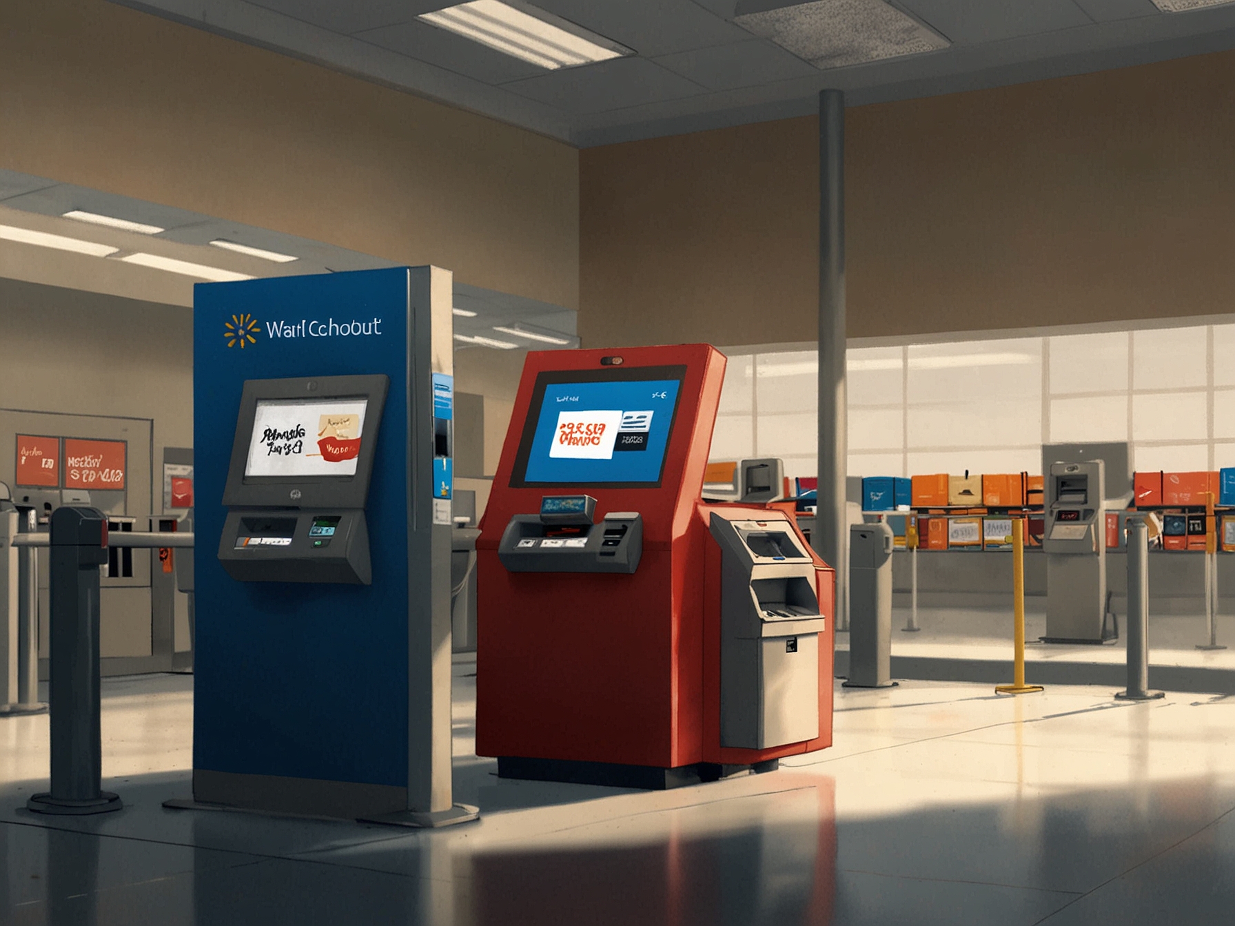 A Walmart self-checkout station with a sign indicating no cash payments accepted, illustrating the challenges faced by customers preferring or needing to use cash.