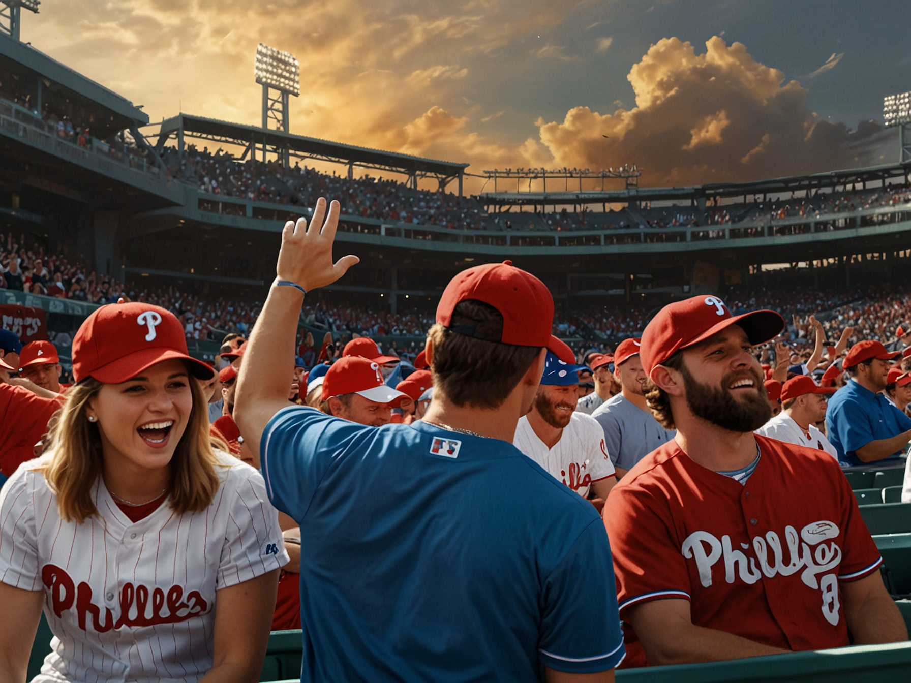 Phillies fans cheer energetically at Citizens Bank Park, creating a lively atmosphere. The players, including stars like Bryce Harper, prepare with intense focus, symbolizing their quest for redemption.