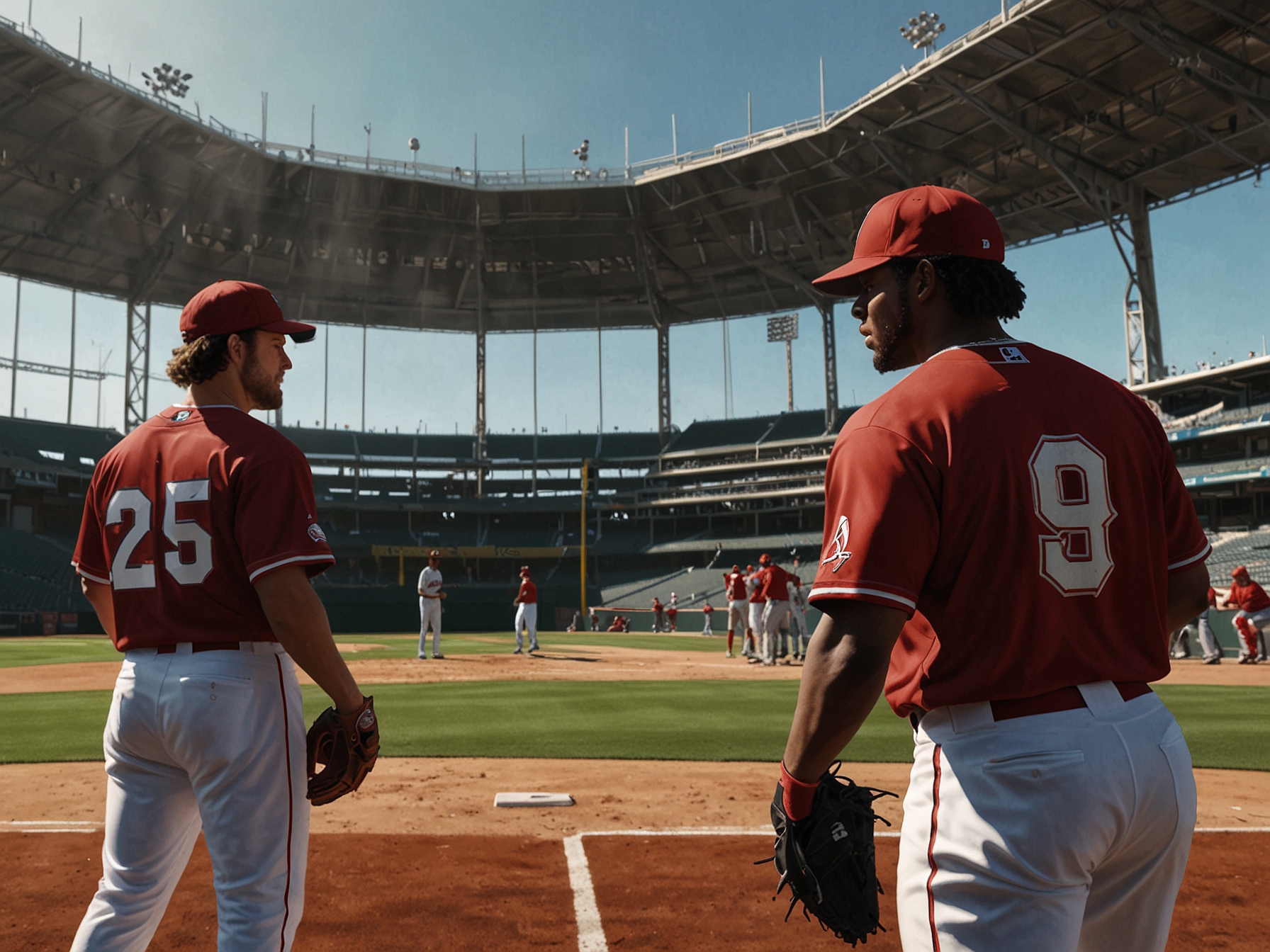 The Arizona Diamondbacks practice on the field, showcasing their confident yet cautious approach. The background highlights the Phillies' home stadium, setting the stage for a highly anticipated rematch series.