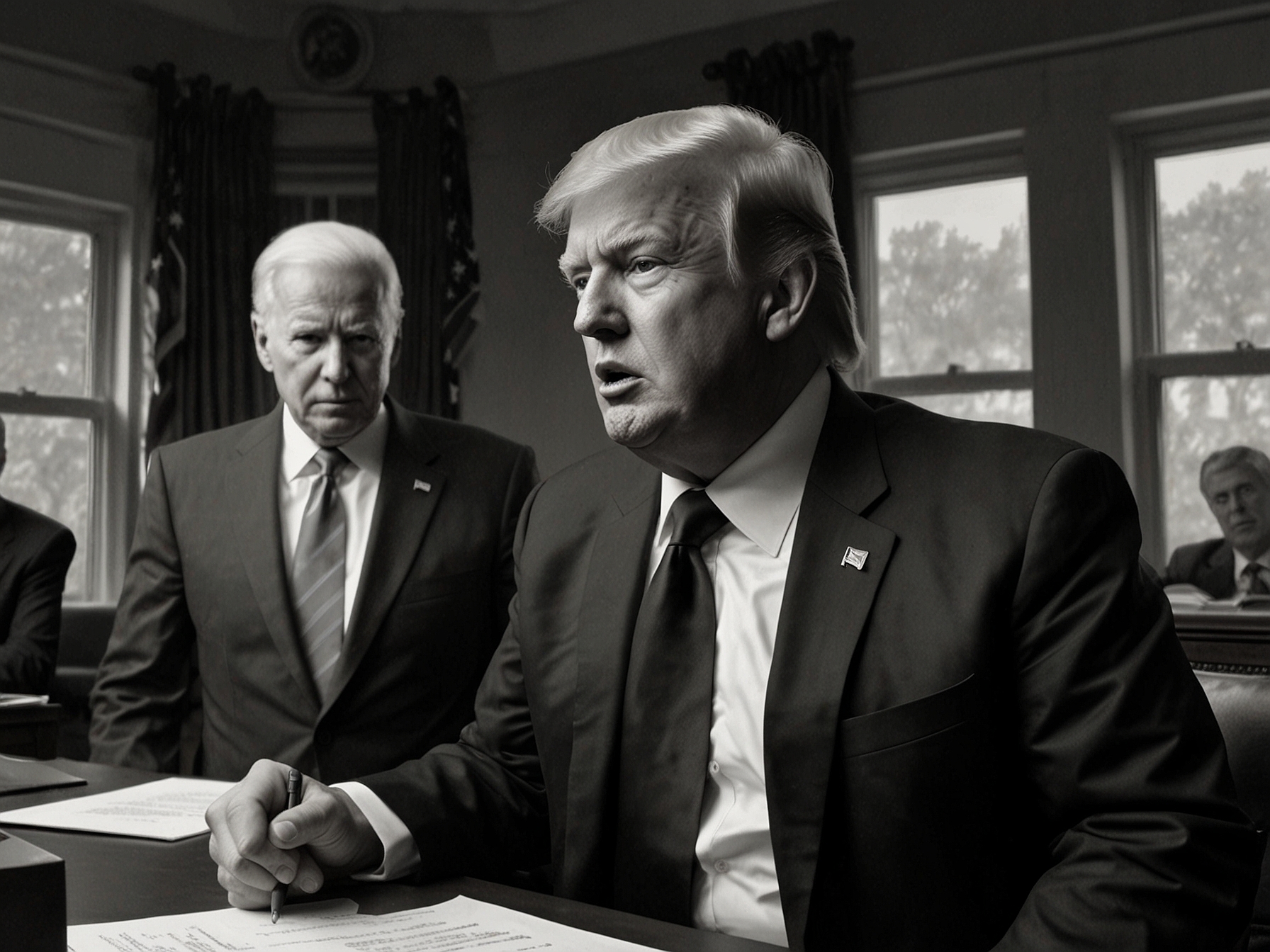 An illustration showing President Trump practicing his debate lines with key advisors, emphasizing his combative and unorthodox style to prepare for targeted attacks on Biden.
