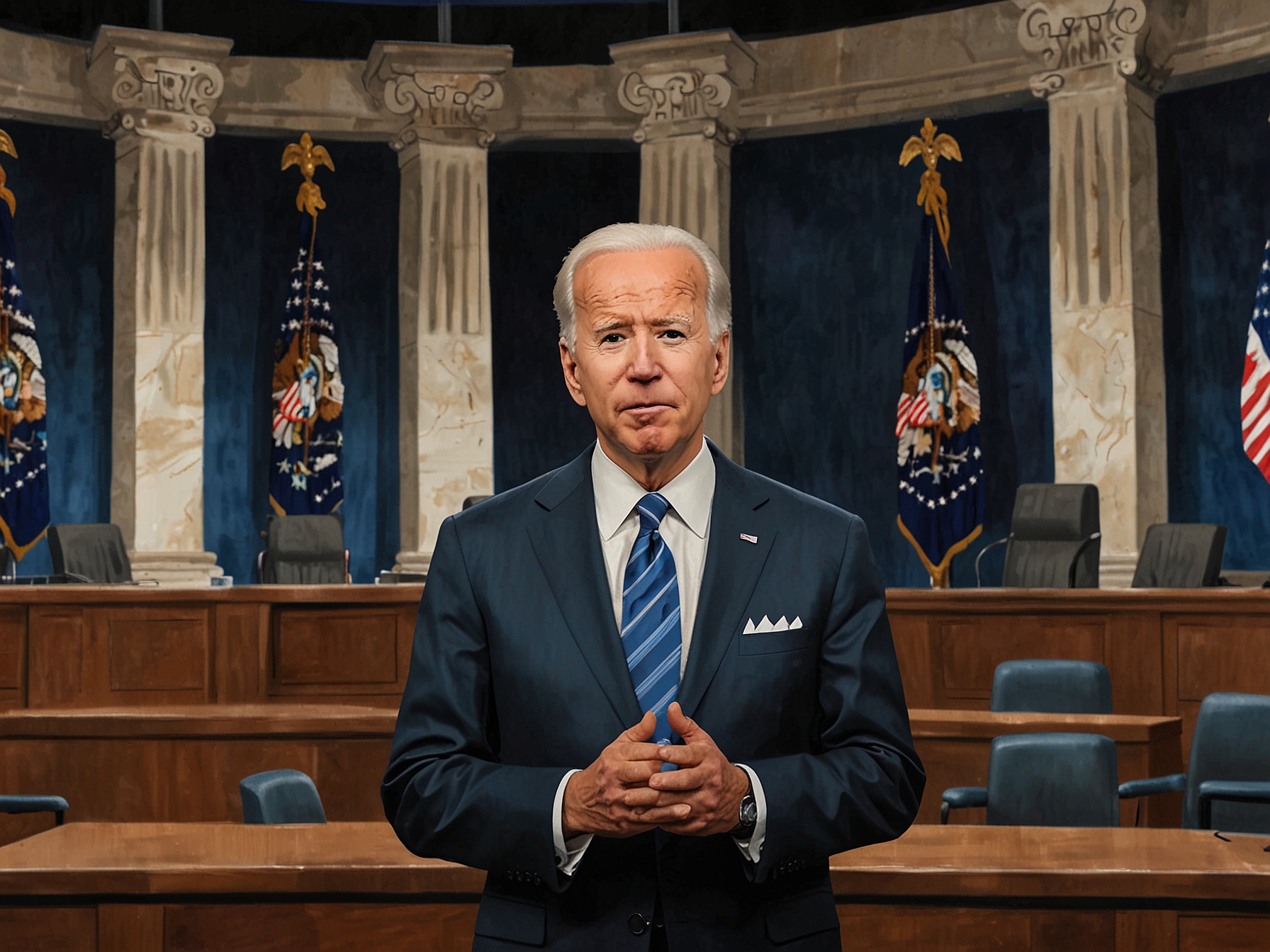 A scene of Joe Biden in a mock debate setup, countering responses with rehearsed clarity on healthcare, the economy, and COVID-19, aiming to showcase his leadership and empathy.