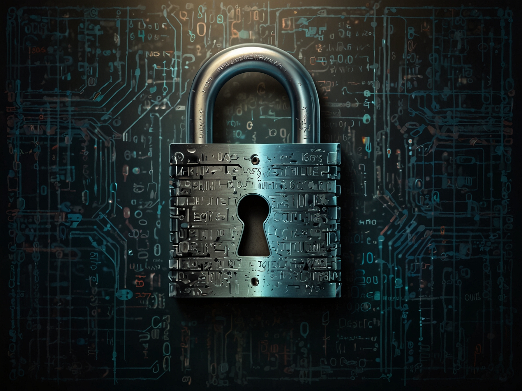 Illustration of a locked padlock over digital code, representing the U.S.'s protective stance against potential cybersecurity threats linked to Kaspersky's Russian connections.