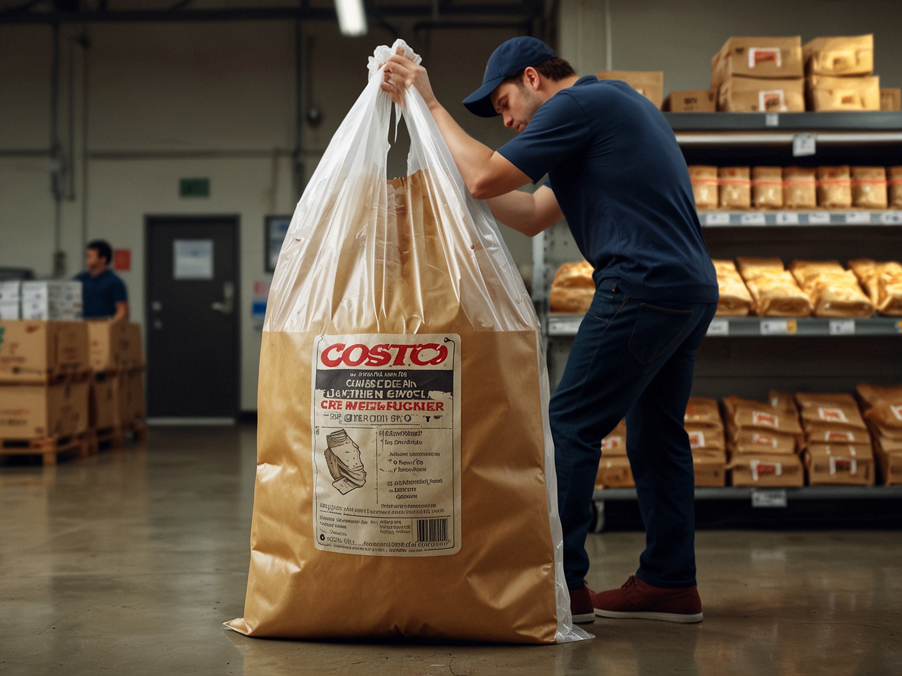 A customer struggling to open Costco's new rotisserie chicken bag without causing spills, showing the practical challenges that have led to widespread dissatisfaction.