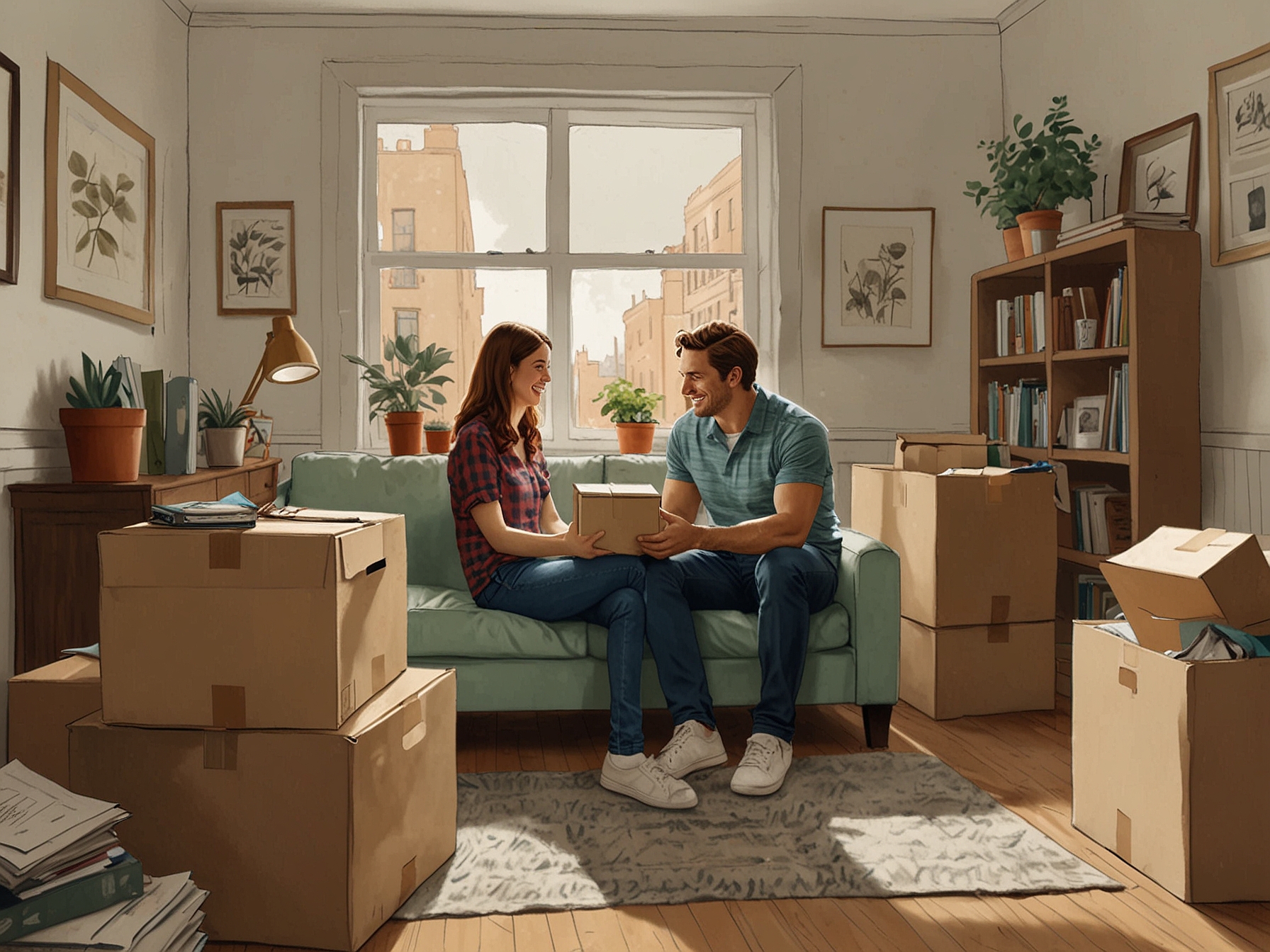 Lucia Hawley and Henry Poole smiling as they pack boxes in their new shared apartment, surrounded by moving supplies, showcasing their excitement about this new chapter in their relationship.