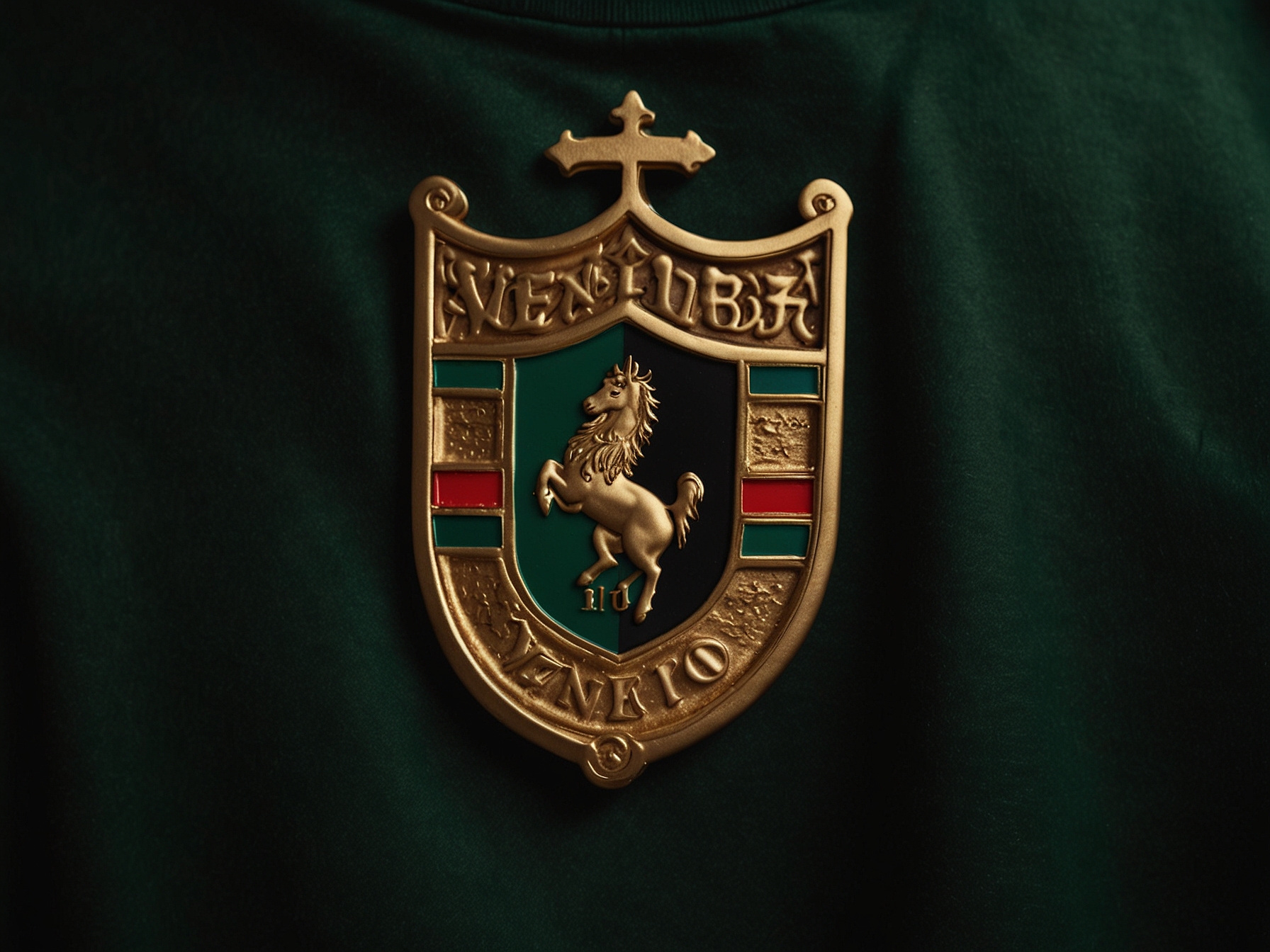 A detailed close-up of the Venezia shirt from Pantofola D'Oro's new collection, showcasing the intricate gold accents and vintage badge set against the classic black and green colors.