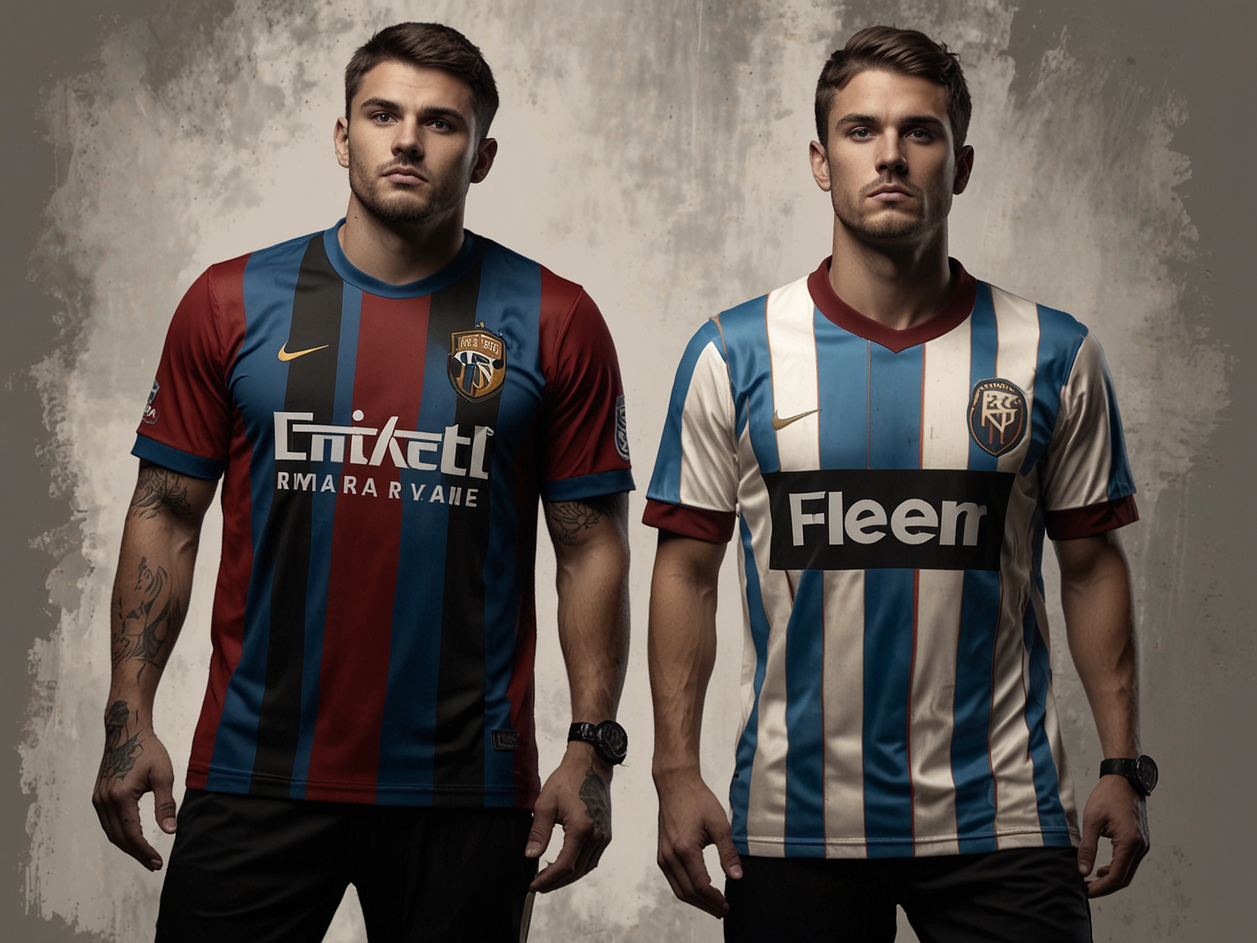Models wearing the Inter Milan and Roma shirts from the new collection, displaying the iconic blue and black stripes and deep red colors with modern touches and retro fits.