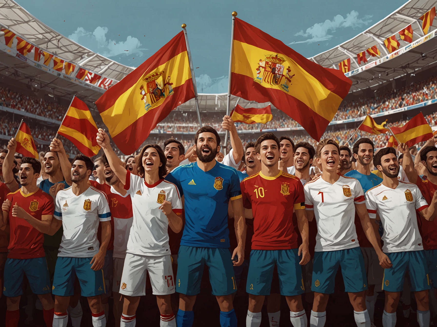 A pre-match scene at the stadium showing the vibrant, excited fans of both Spain and Italy holding national flags and banners, building up the anticipation for the crucial Group B match.