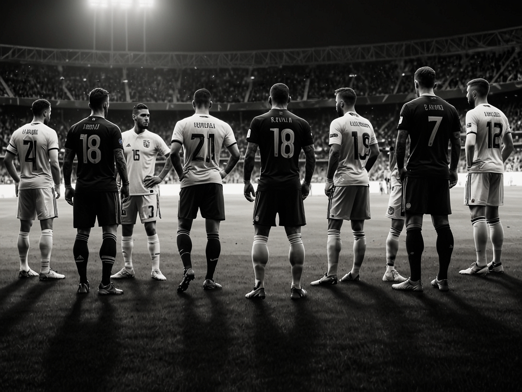 Players from both teams line up on the pitch before kick-off, with key players like Sergio Ramos and Leonardo Bonucci ready for action, underlining the intense rivalry and history between Spain and Italy.