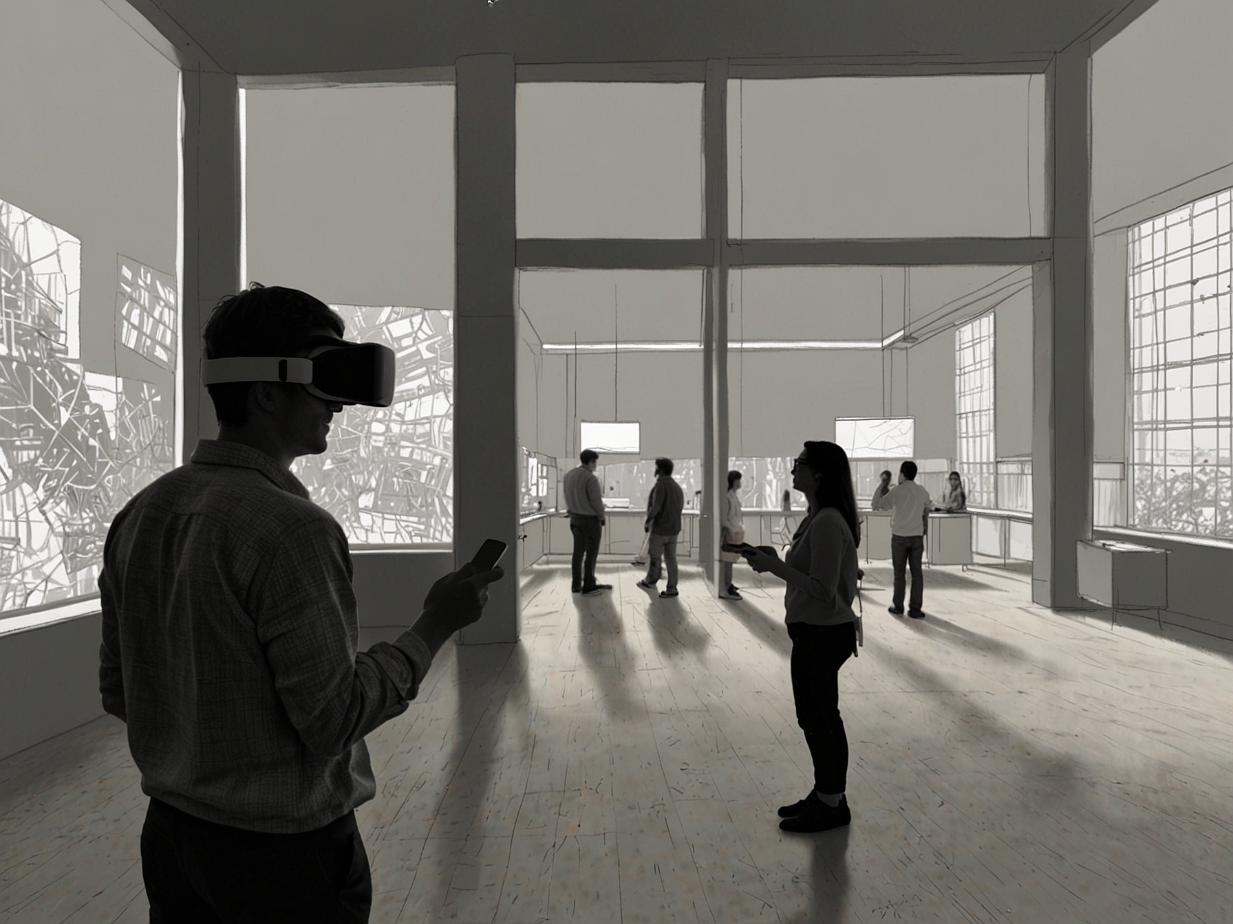 Visitors experience an interactive VR presentation at Seedscape, allowing them to explore unbuilt urban spaces and understand the spatial dynamics, showcasing advanced digital tools in architecture.