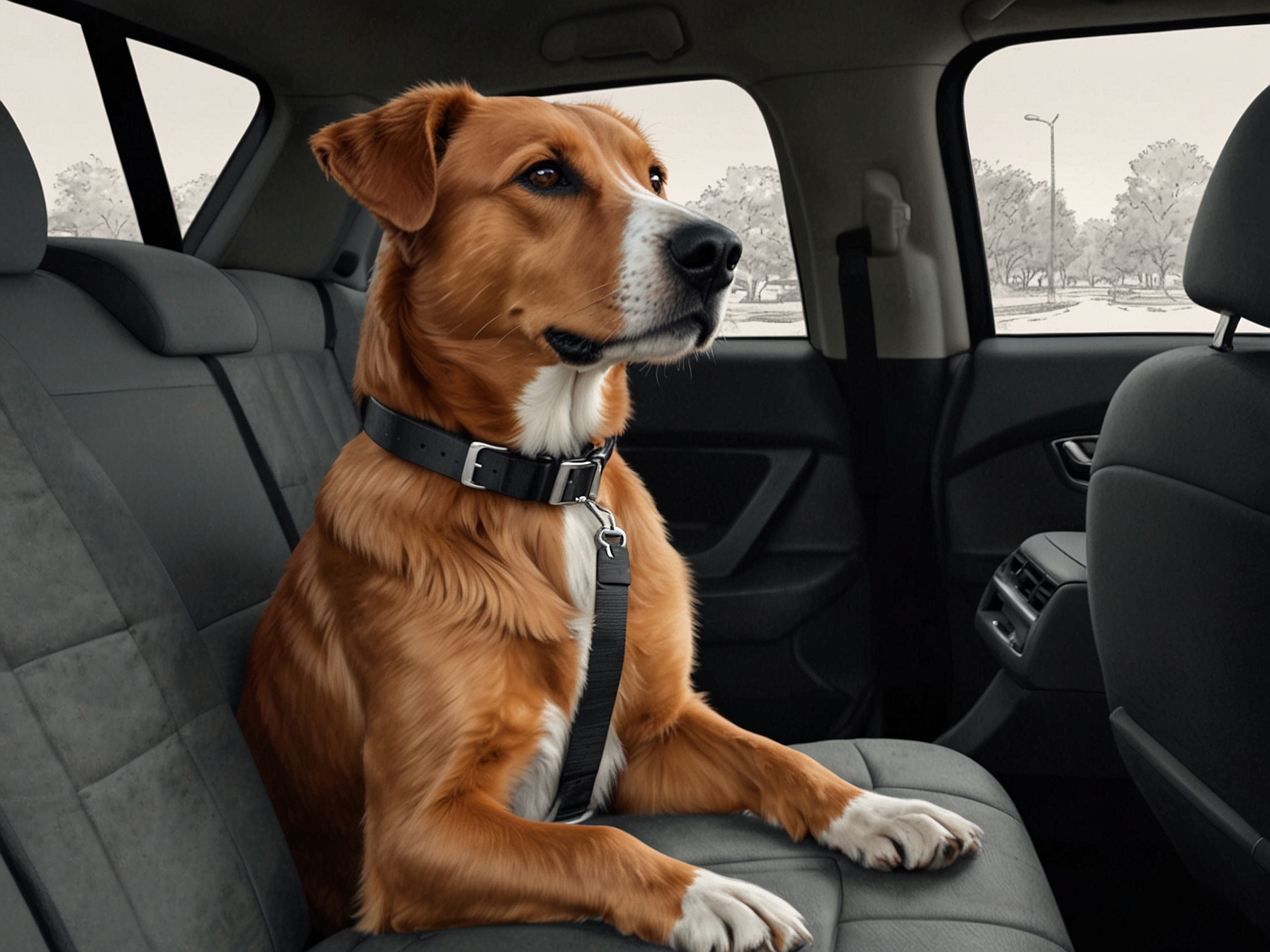 A driver fastening a pet seat belt on a dog in the back seat of a car, emphasizing the importance of securing pets to prevent distractions and ensure passenger safety.