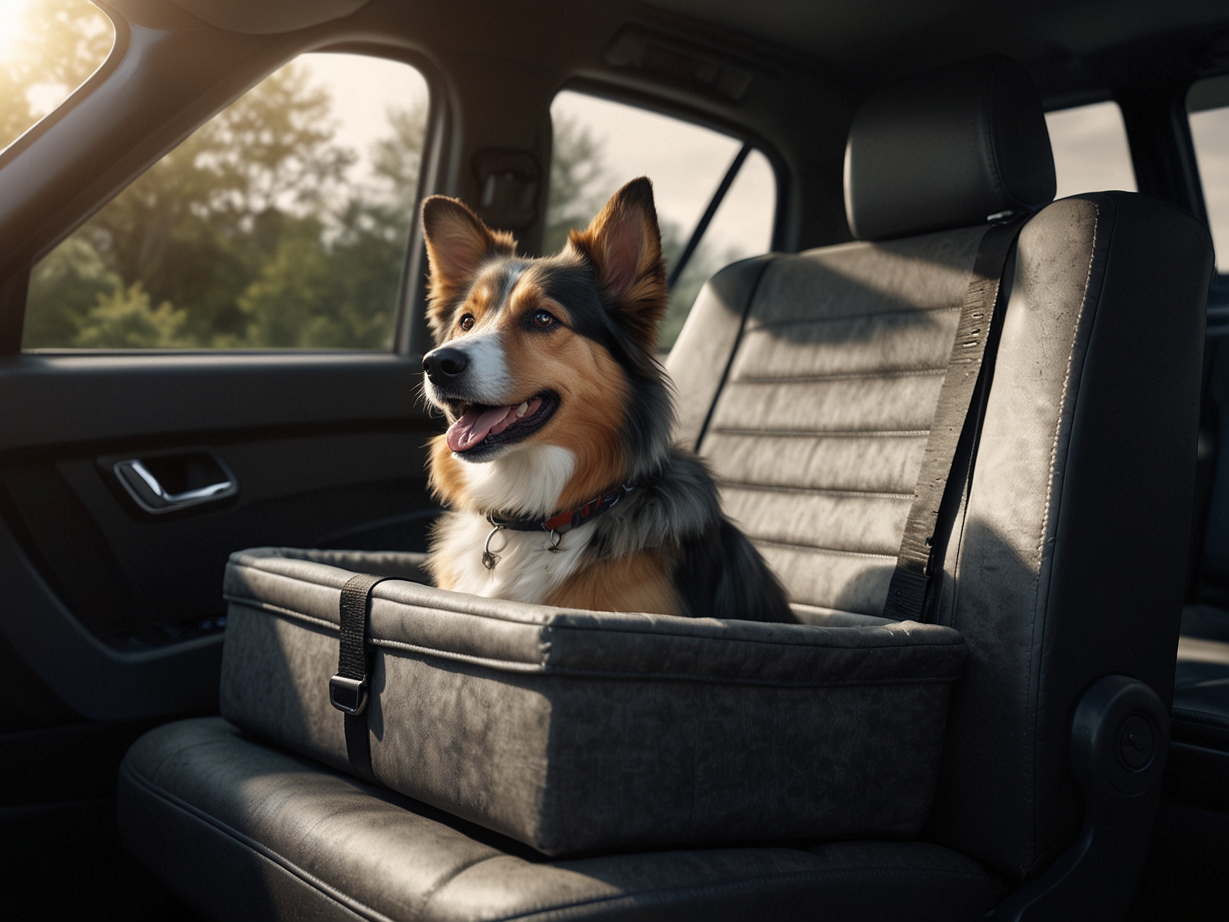 A happy dog sitting in a pet booster seat in the back of a car, looking out the window, illustrating secure and comfortable travel for pets in vehicles.