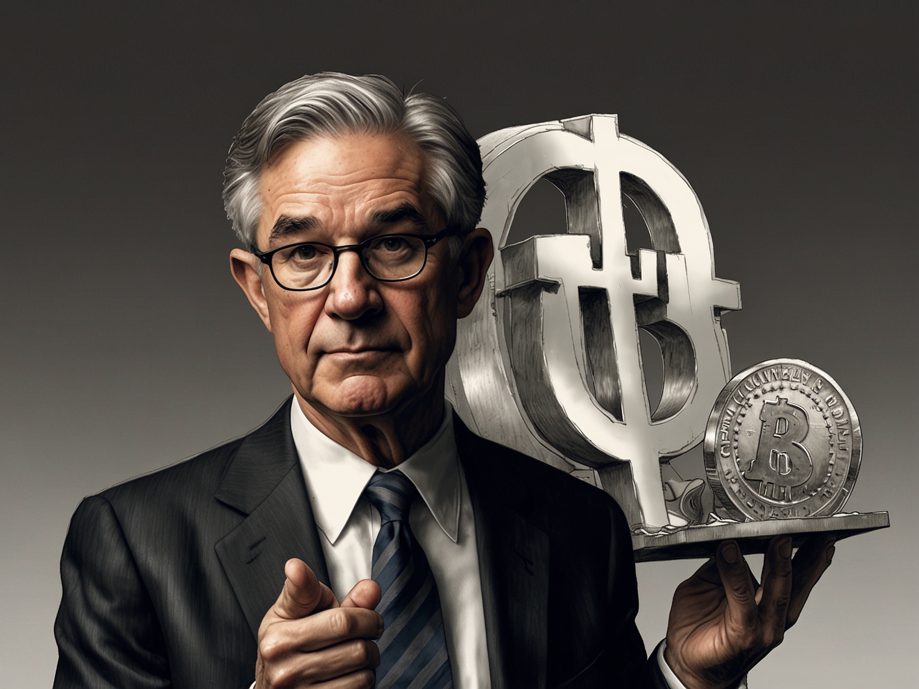 An illustration showing Jerome Powell holding a dollar symbol, representing the dual nature of the Fed's cautious optimism and readiness for aggressive action to maintain economic stability.