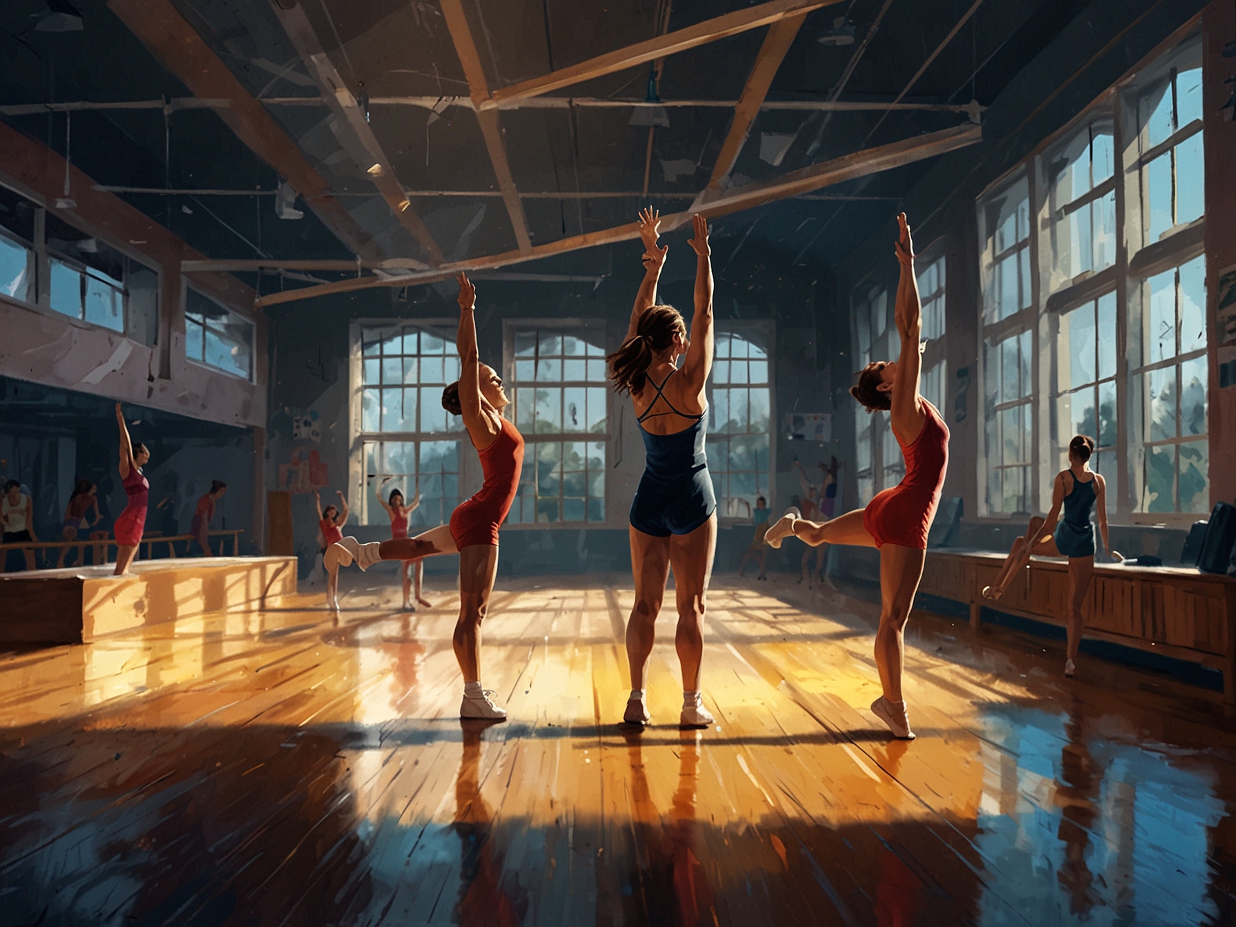 A group of female gymnasts practice their routines in a brightly lit gym, symbolizing the new professional opportunities they will have to continue their careers beyond college.