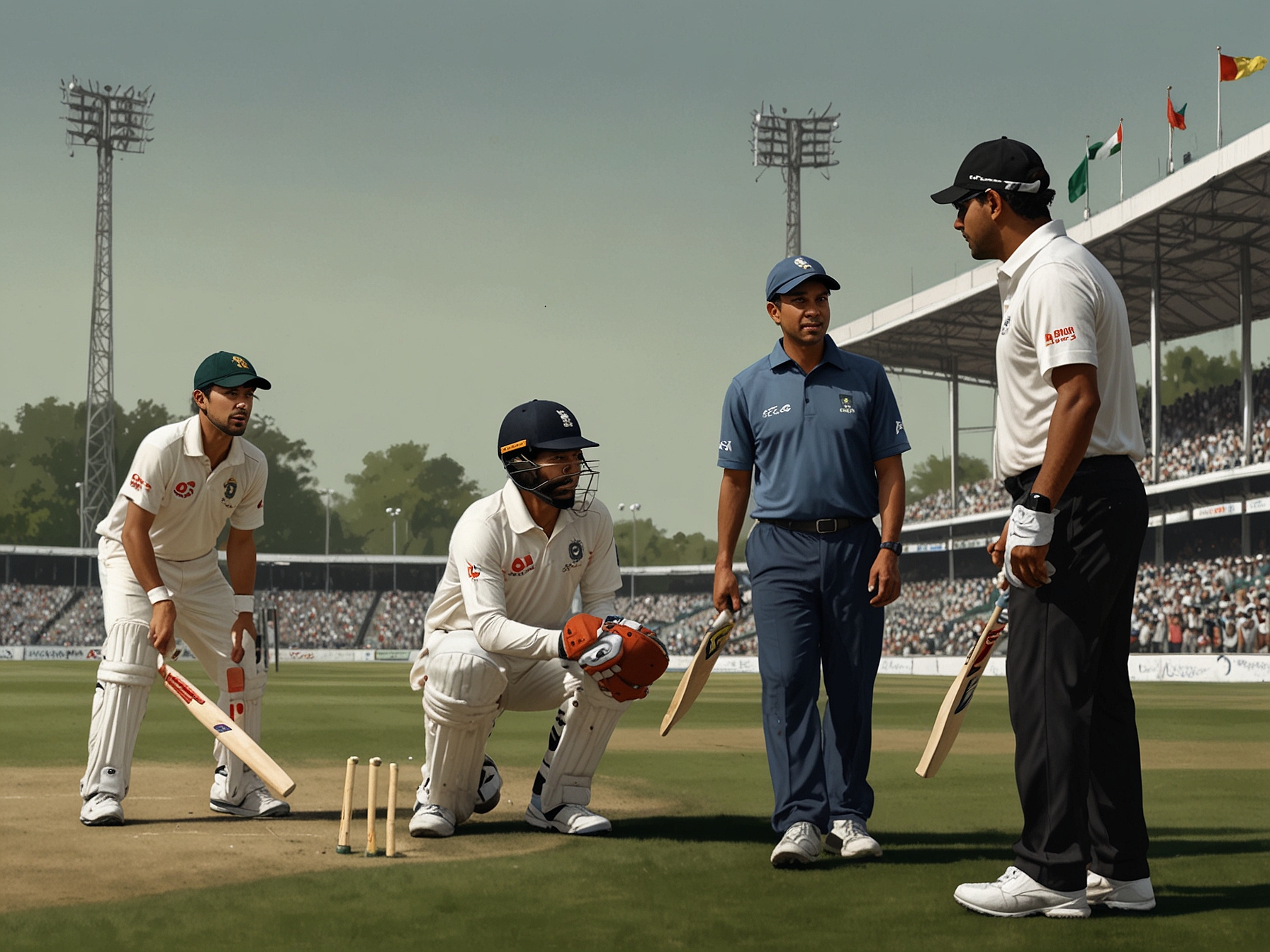 Umpires and players in a heated discussion as the no-ball call is reviewed, ultimately sparing Shan Masood from being dismissed in the dramatic cricket match.