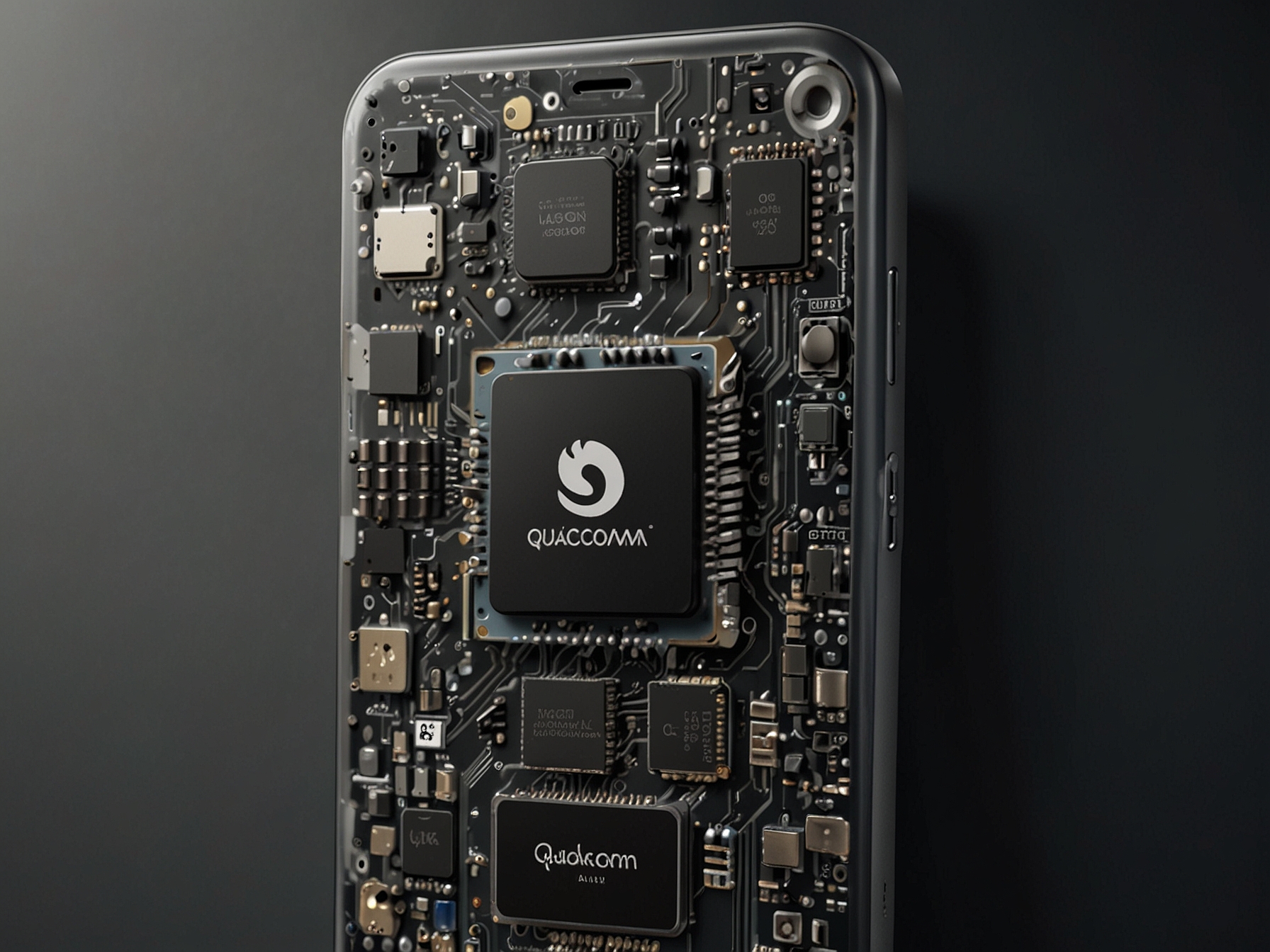 A close-up of a smartphone powered by Qualcomm’s Snapdragon processor, showcasing advanced AI capabilities. Background elements hint at other applications like IoT devices and smart city technologies.