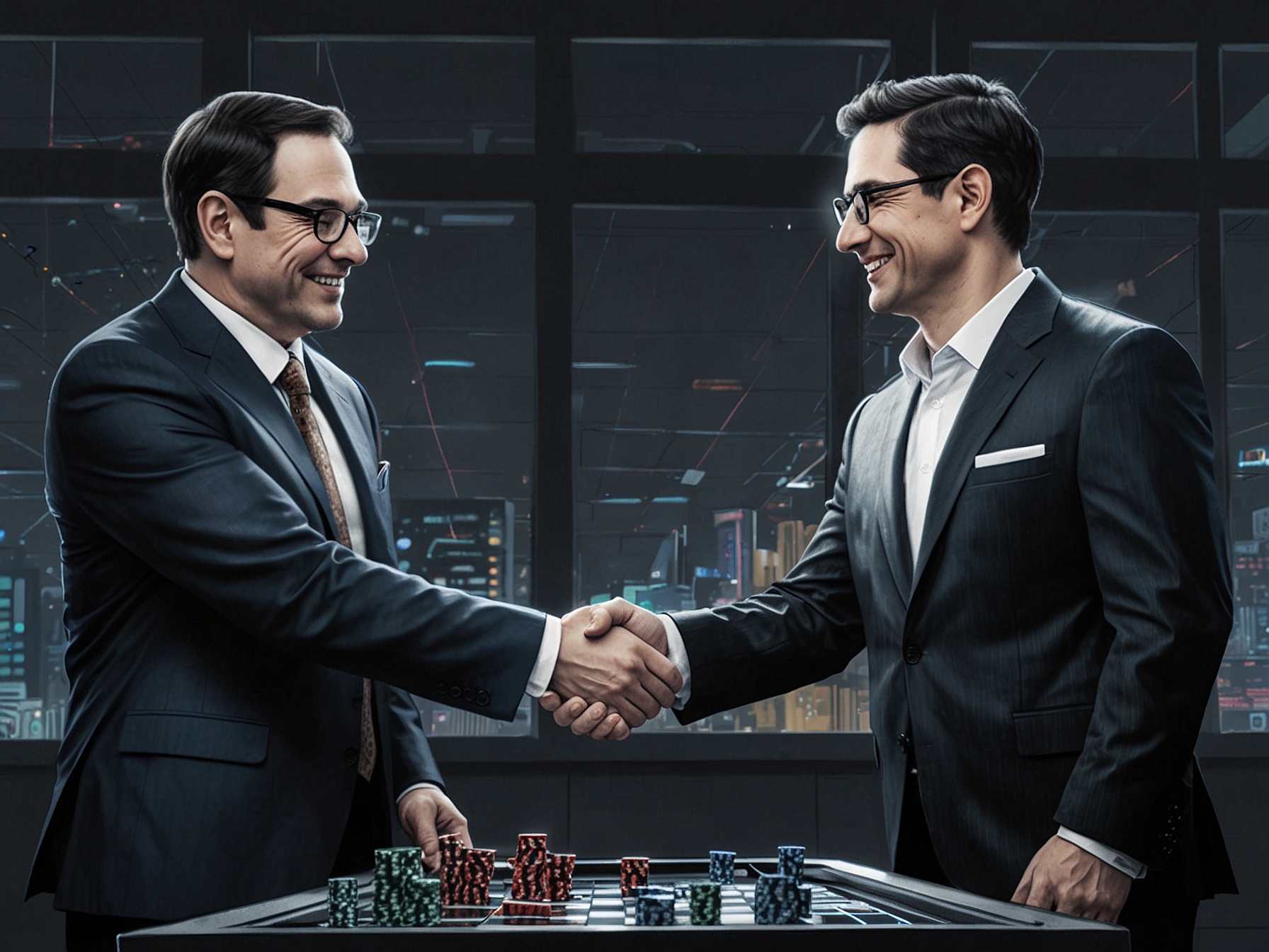 An illustration of executives from Gaming Innovation Group and Ventures Lab shaking hands, symbolizing the strategic partnership to expand iGaming solutions in Ontario with advanced AI tools.