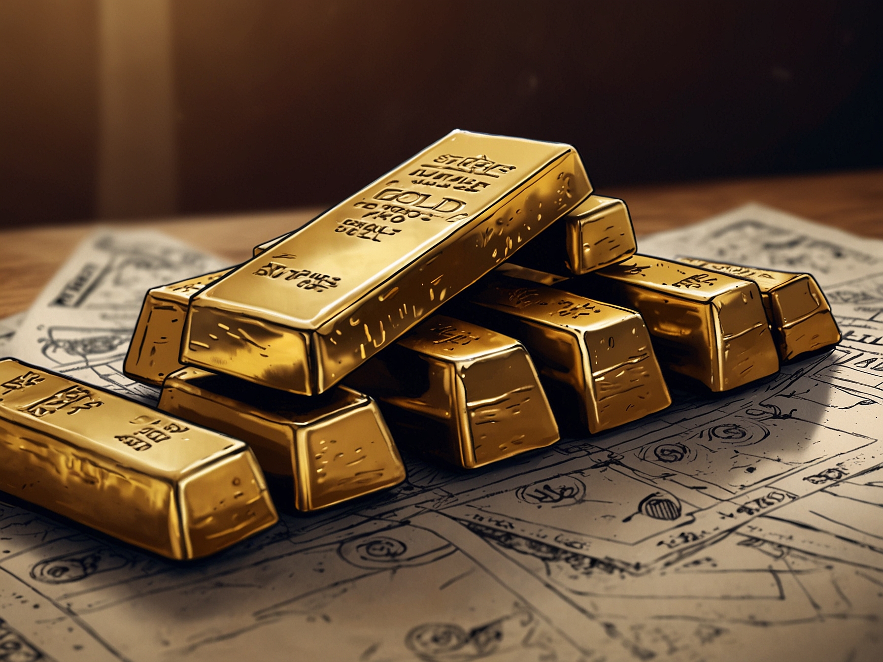 An illustration depicting gold bars and coins, symbolizing the rising value of gold as a safe-haven asset amid economic uncertainty and potential Federal Reserve rate cuts.