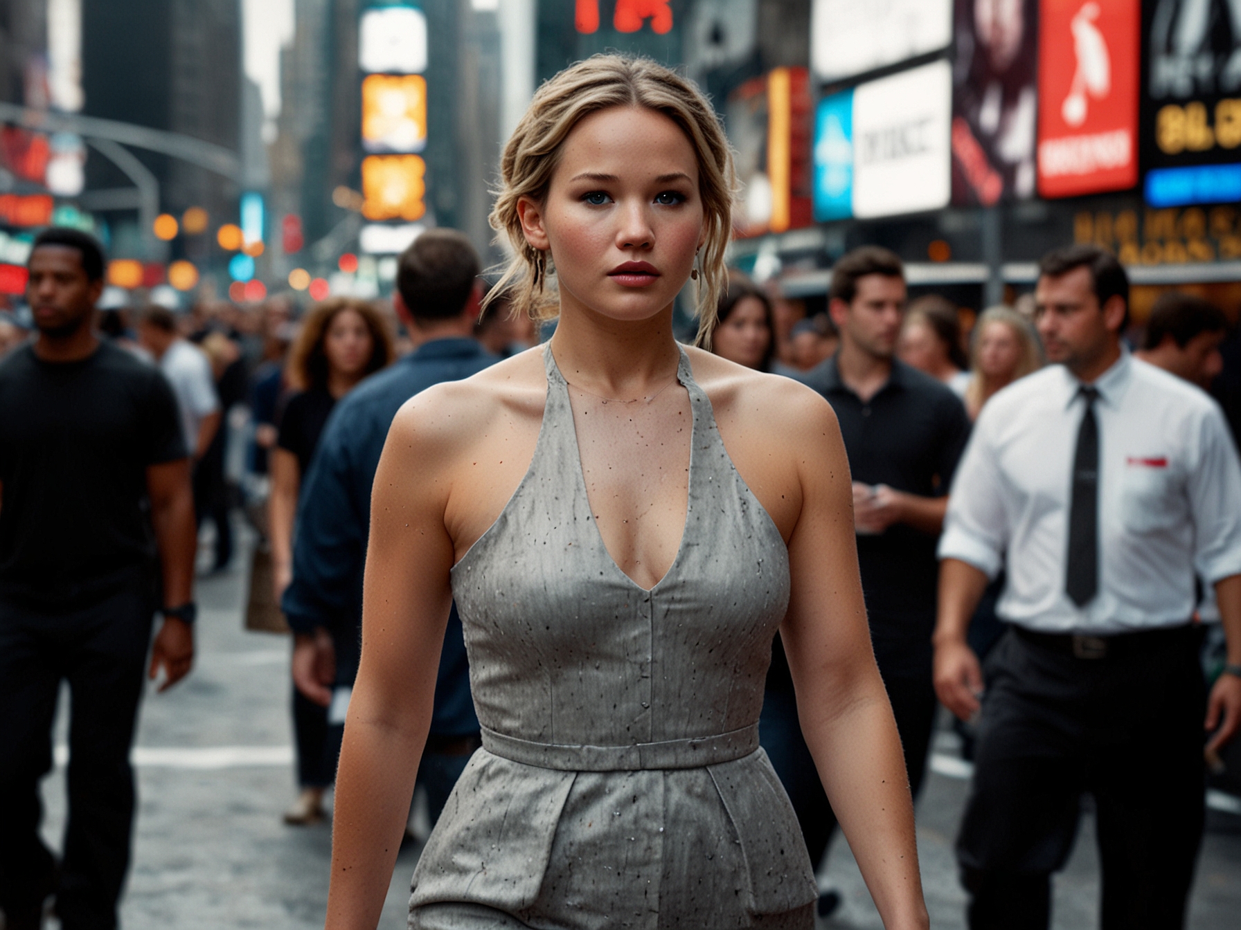 Jennifer Lawrence gracefully navigating through a crowded Times Square, illustrating her composure and resilience despite the overwhelming public attention.
