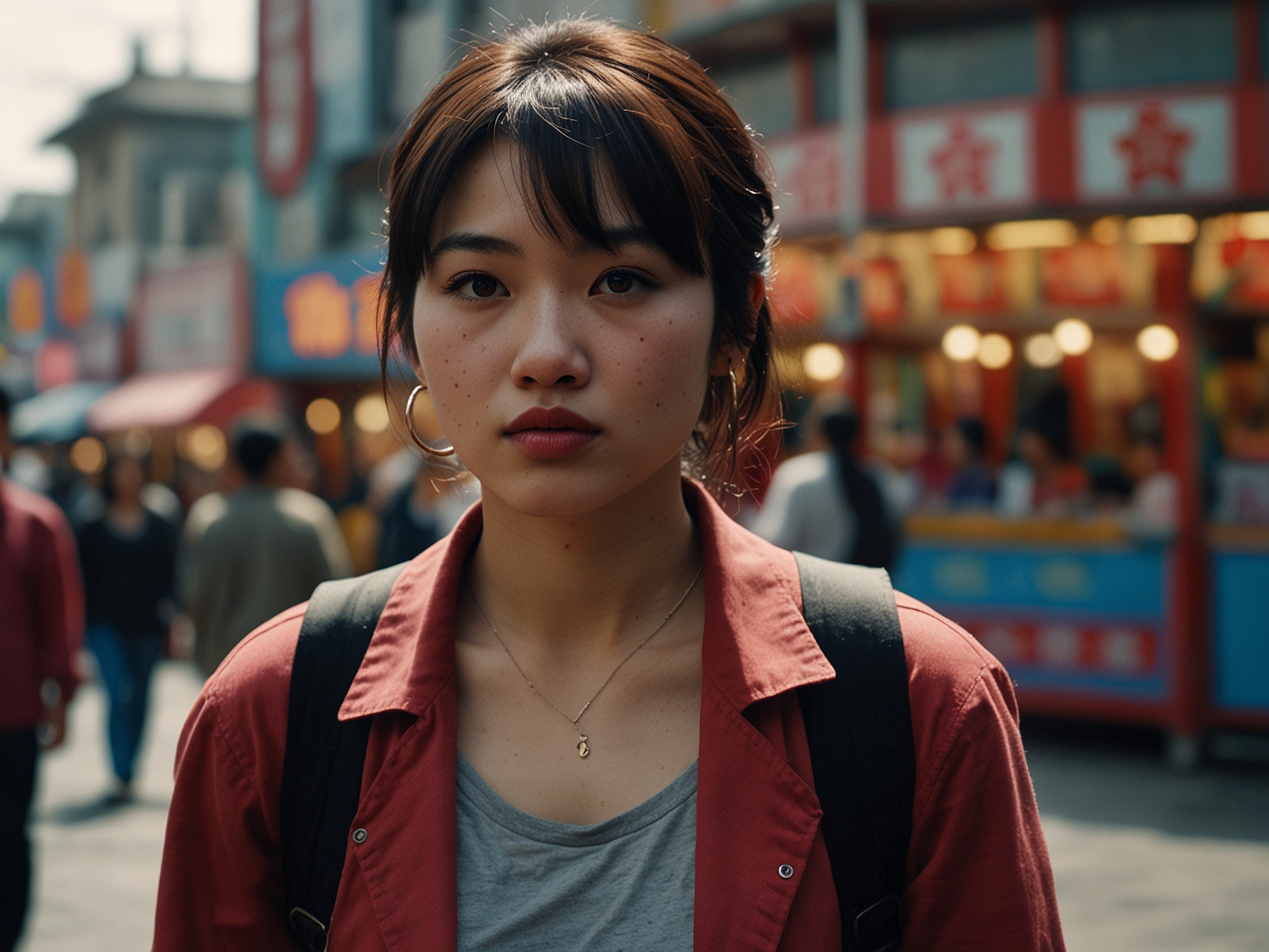 A still from 'Friday, Funfair' depicting the lead female character navigating the bustling urban streets of China, symbolizing the societal pressures and personal challenges faced by women in contemporary society.