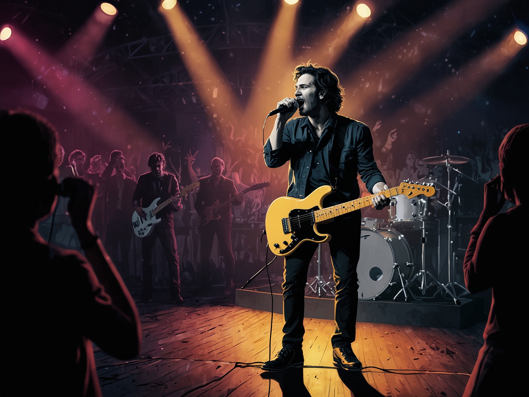 An image of the iconic band performing live on stage, with vibrant lighting and an enthusiastic crowd, capturing the energy of their anticipated UK tour.