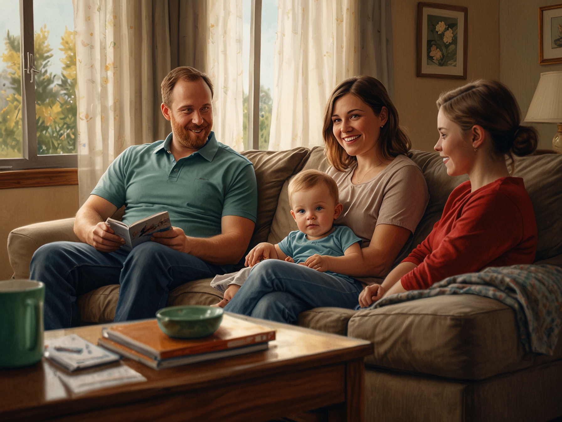 Adam Busby offers support to Danielle as they sit on a living room couch. Their quintuplets play in the background, capturing the essence of a busy yet loving family environment.