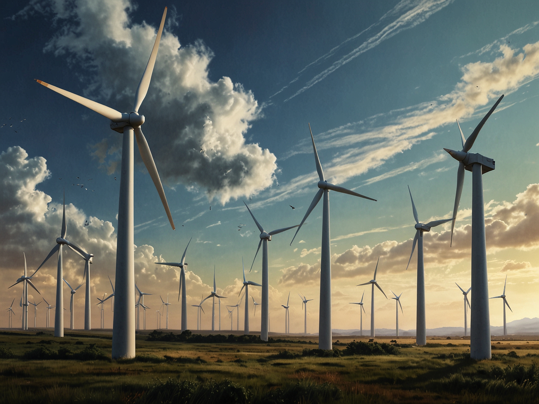 An image of a wind farm representing Suzlon Energy's advancements in wind turbine technology, underlining its role in driving the global shift towards renewable energy.