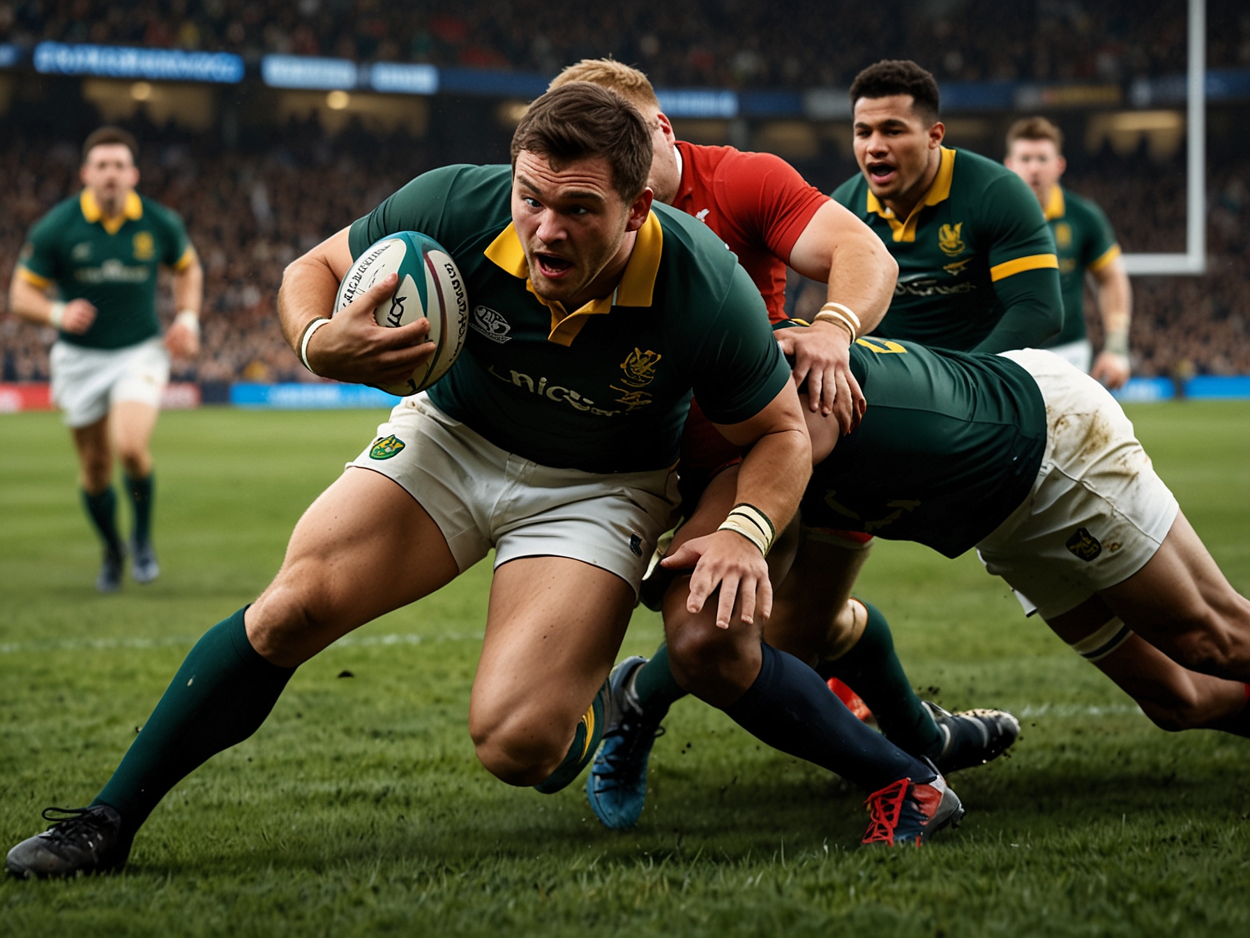 A high-intensity moment from a previous South Africa vs. Wales rugby match, showcasing the physical prowess and strategic gameplay of both teams.