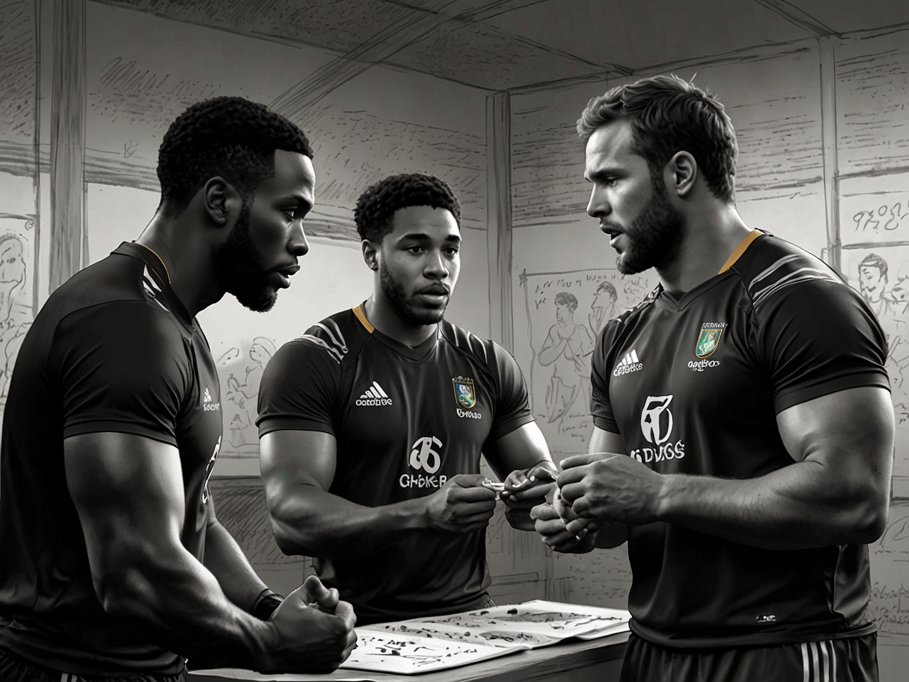 Key players like Siya Kolisi, Cheslin Kolbe, and Alun Wyn Jones preparing and strategizing during a practice session, reflecting the anticipation and preparations for the upcoming game.
