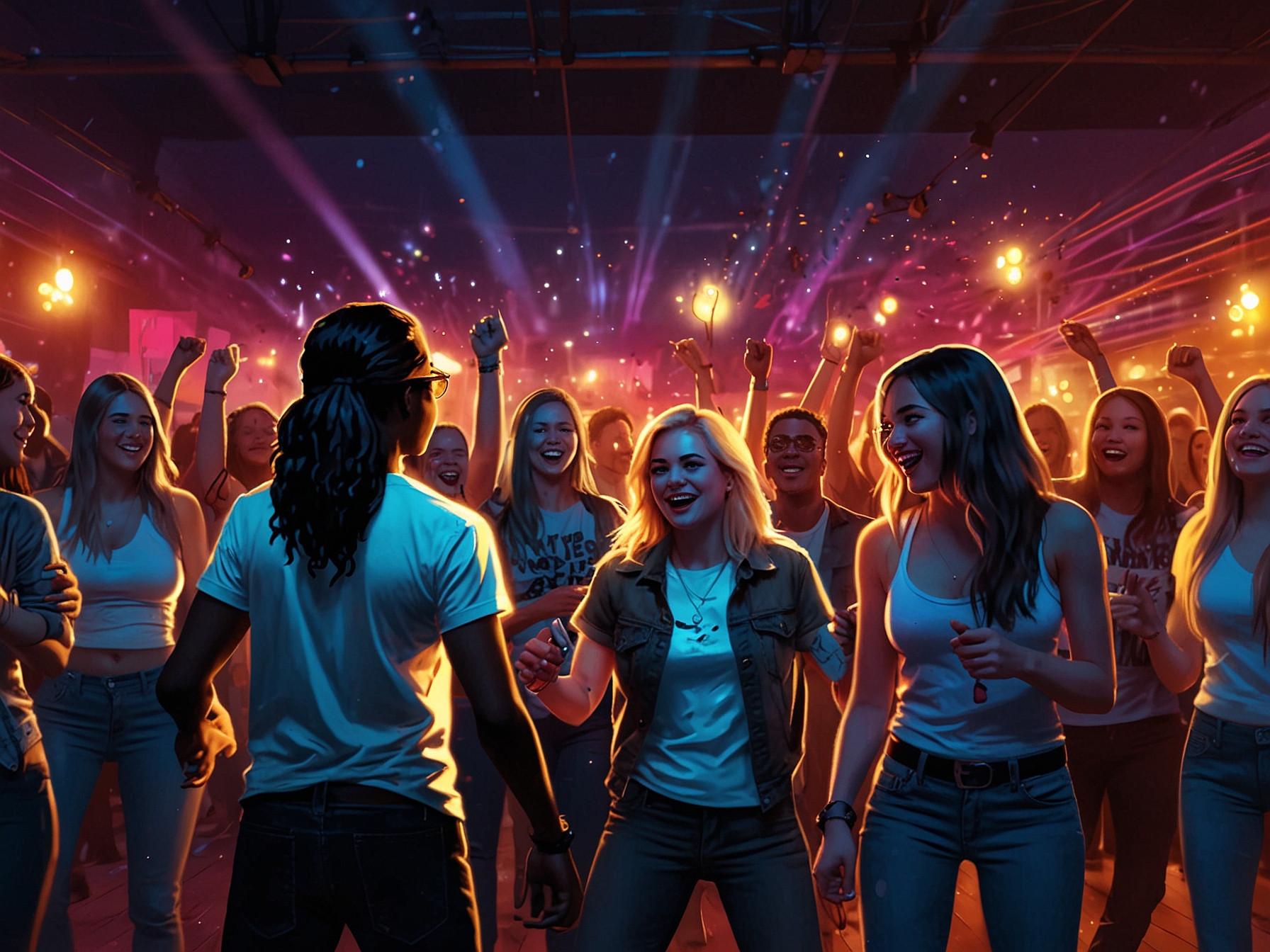 A nostalgic 2000s-themed dance party scene with vibrant lights and enthusiastic fans, representing the revived interest in the iconic noughties dance star's music after the TikTok revelation.