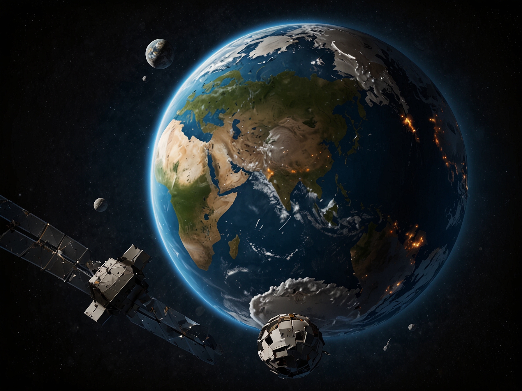 Graphic showing the accumulation of space debris around Earth's orbit, emphasizing the urgency and importance of missions dedicated to cleaning up outer space.
