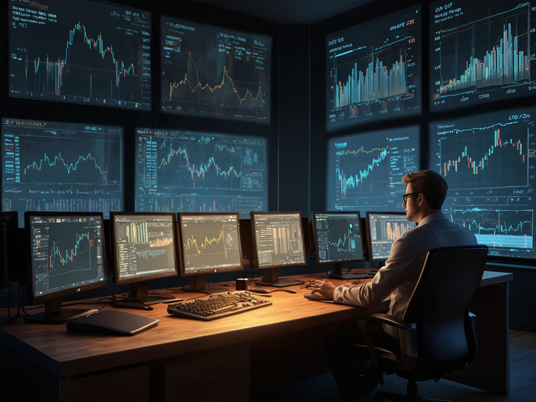 A modern trading desk equipped with advanced technology, where financial analysts are shown monitoring real-time cryptocurrency transactions and market trends.