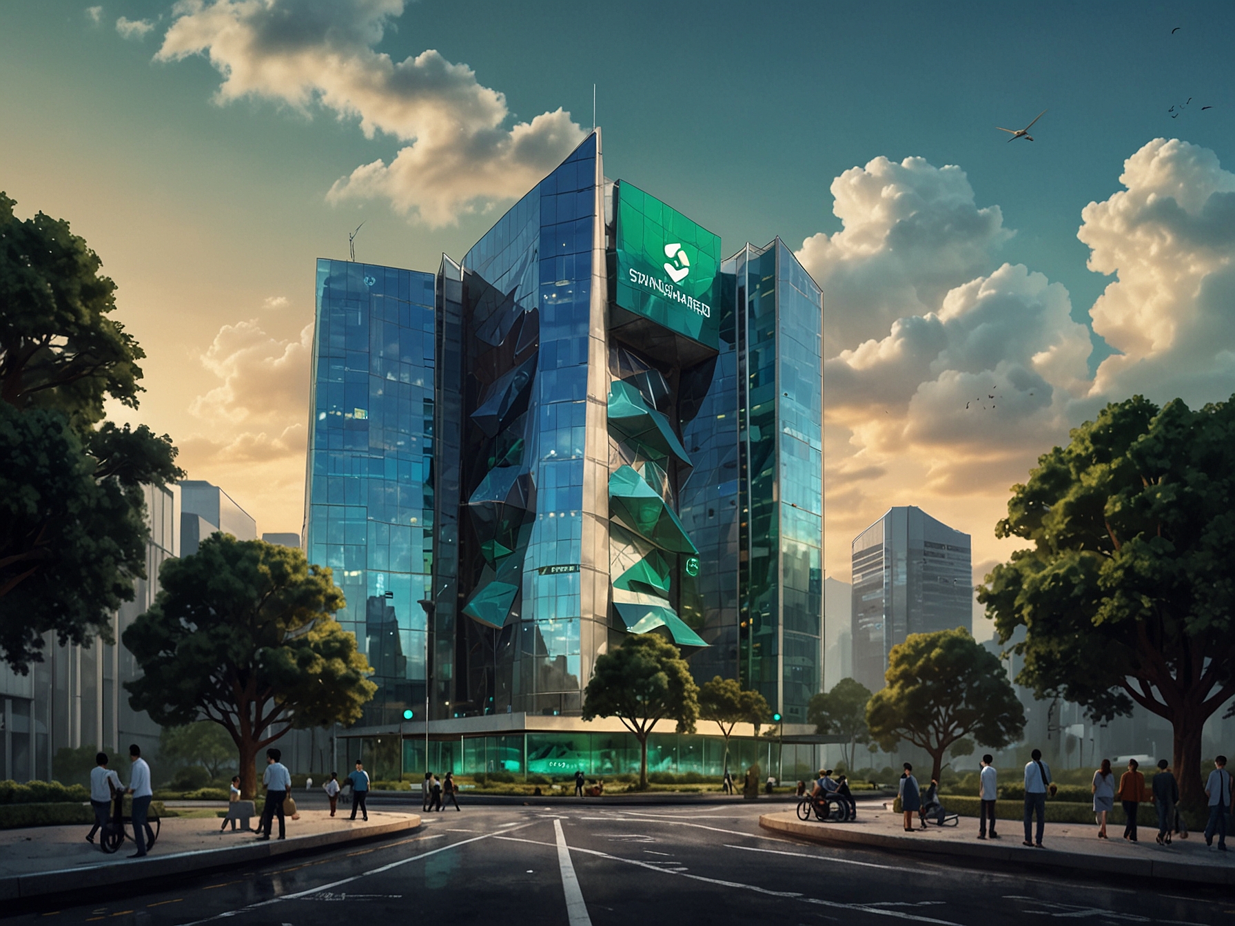 A futuristic depiction of Standard Chartered's headquarters integrated with digital and blockchain elements, symbolizing the bank's innovative leap into the cryptocurrency space.
