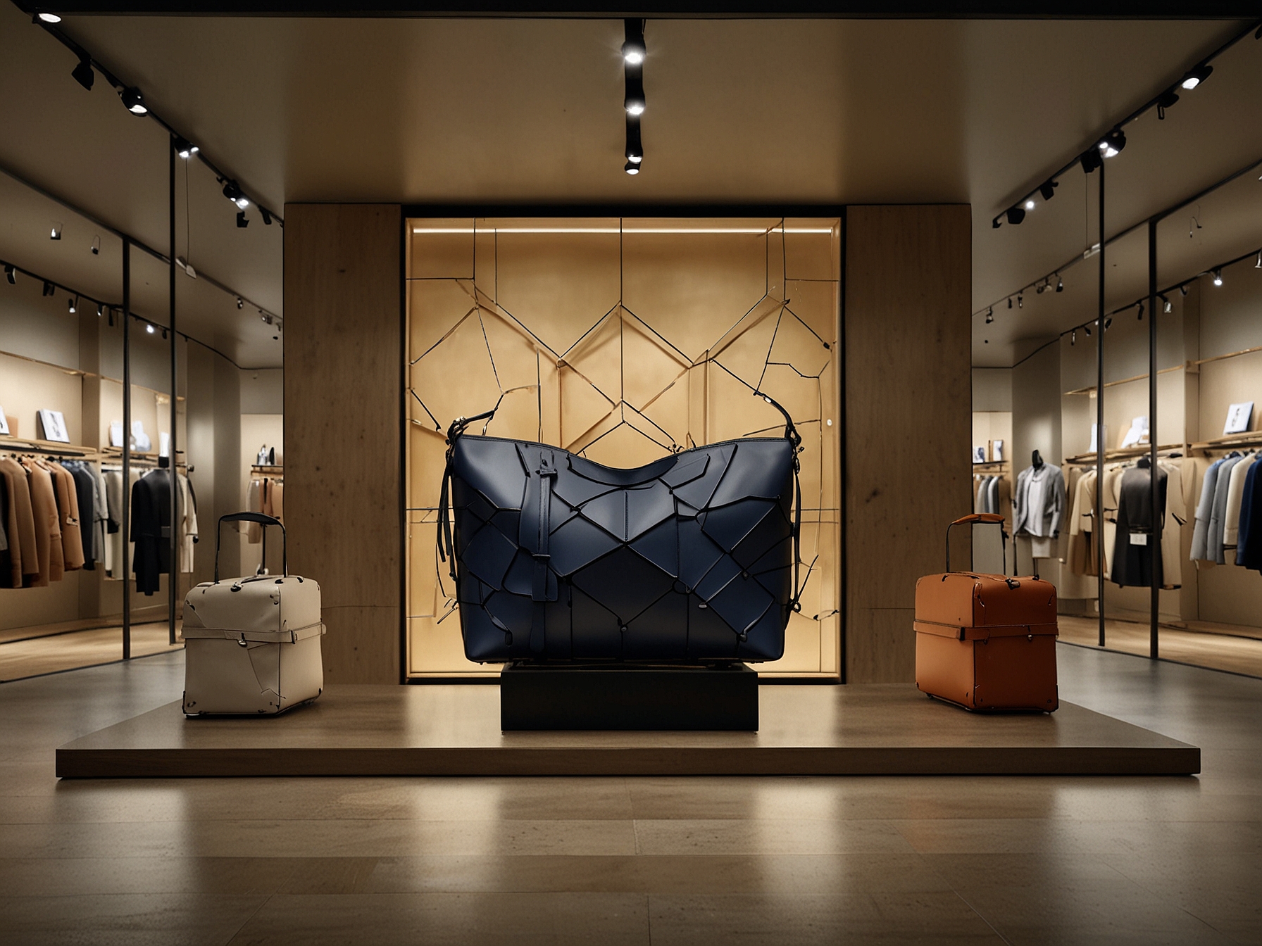 A high-street store display featuring a dupe of the Loewe Puzzle bag, showcasing its geometric panels and chic design elements, offering affordable luxury for fashion enthusiasts.