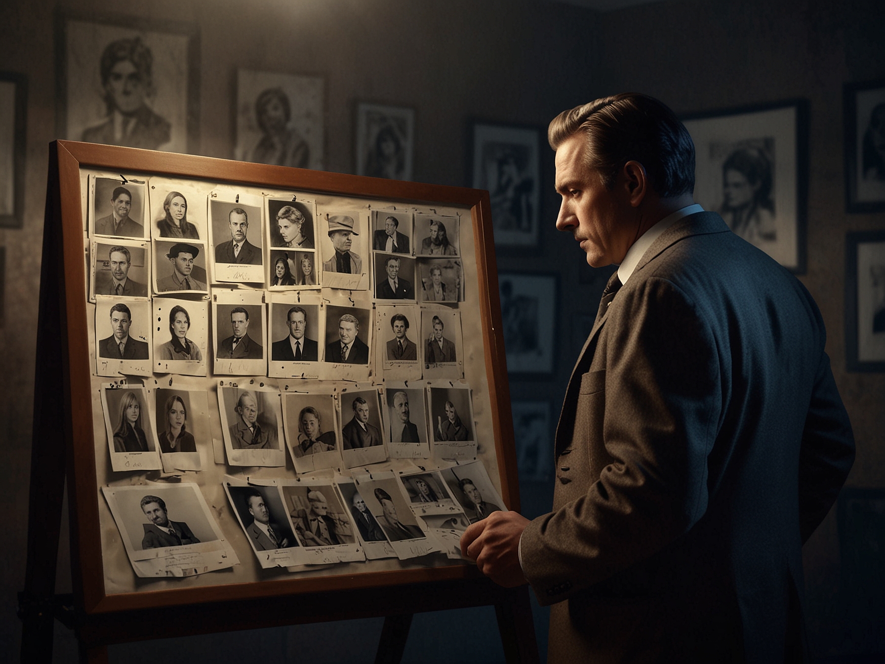 An image of a private detective looking at a pin board filled with clues and photographs, representing the intriguing investigation into the Hollywood producer's granddaughter's disappearance.