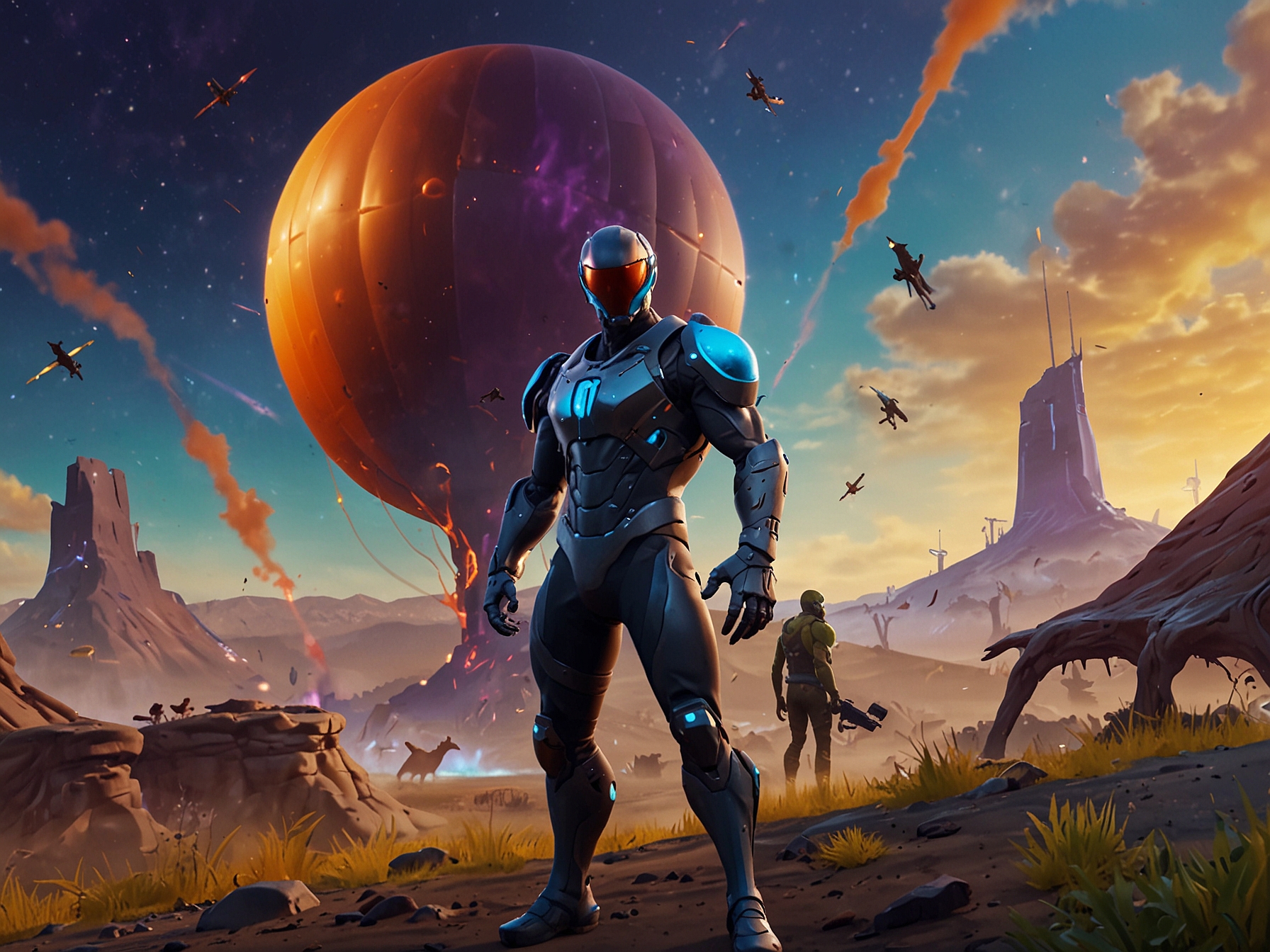 A dynamic illustration showing new futuristic skins and characters rumored for Fortnite Chapter 5 Season 4, set against a vibrant alien crash site backdrop with advanced tech labs.