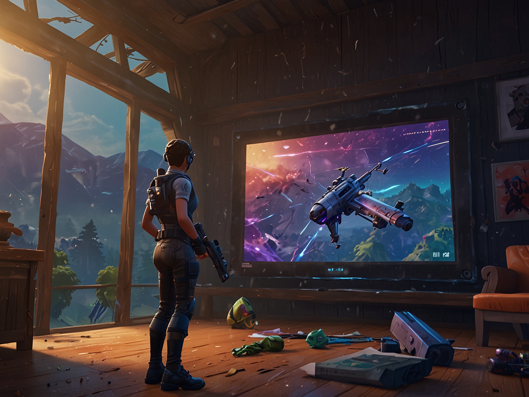 An action-packed scene depicting new high-tech weapons and a hover vehicle in Fortnite Chapter 5 Season 4, highlighting intense gameplay and engaging map changes.