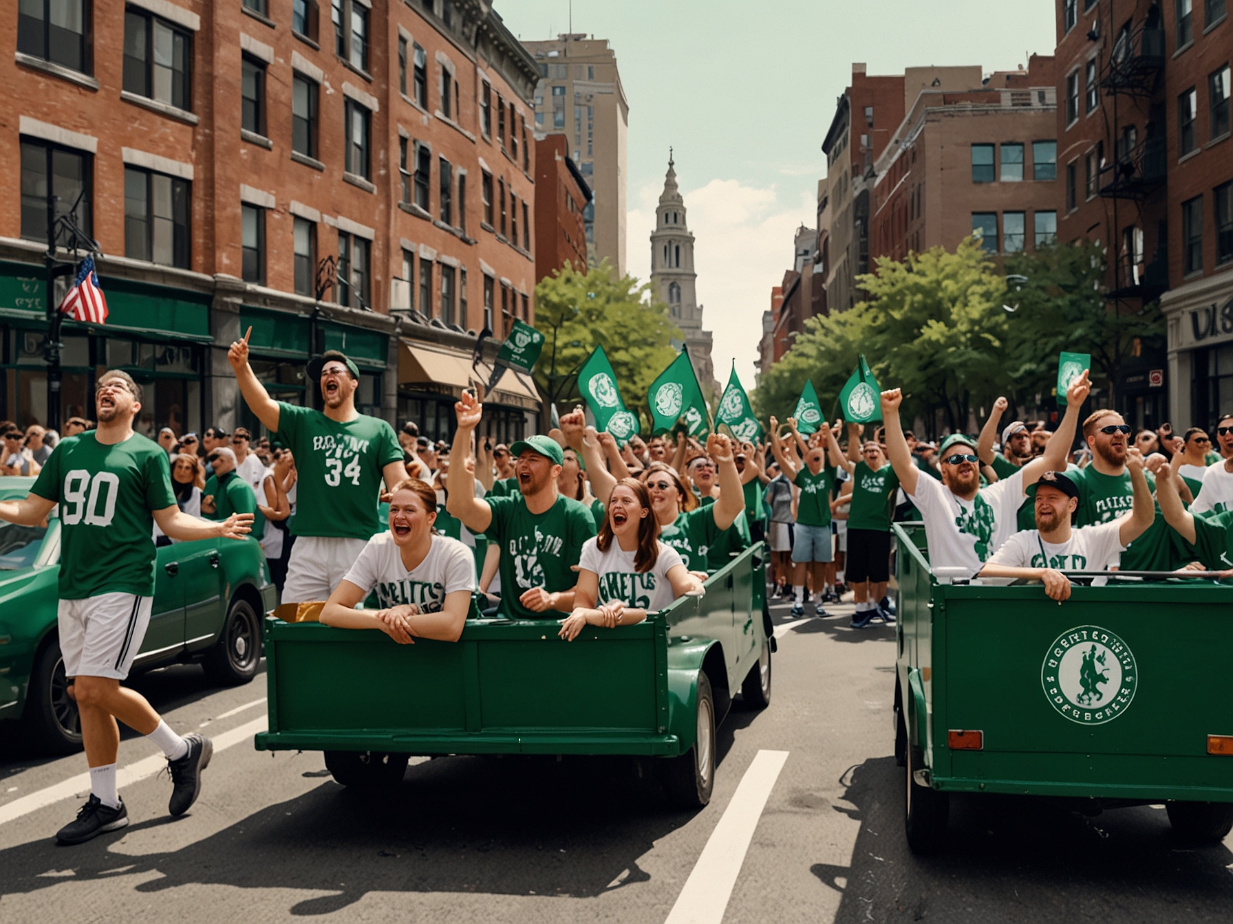 Excited Boston Celtics fans dressed in green and white line the parade route, waving banners and cheering as duck boats carrying the victorious team pass by iconic city landmarks.