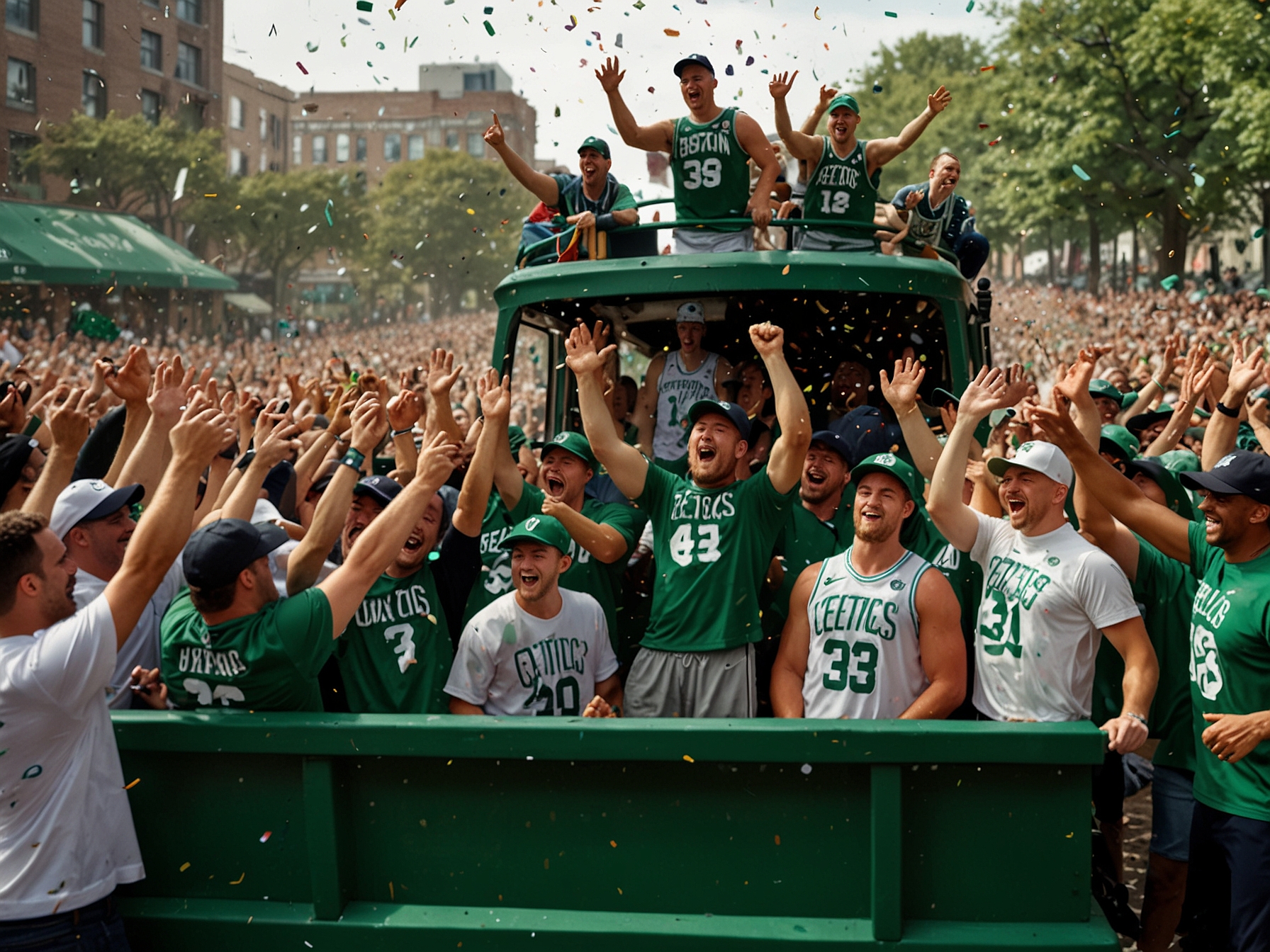 The Boston Celtics' players, coaches, and staff celebrating on duck boats, surrounded by a sea of green confetti and joyful fans, commemorating their record-breaking 18th NBA championship win.
