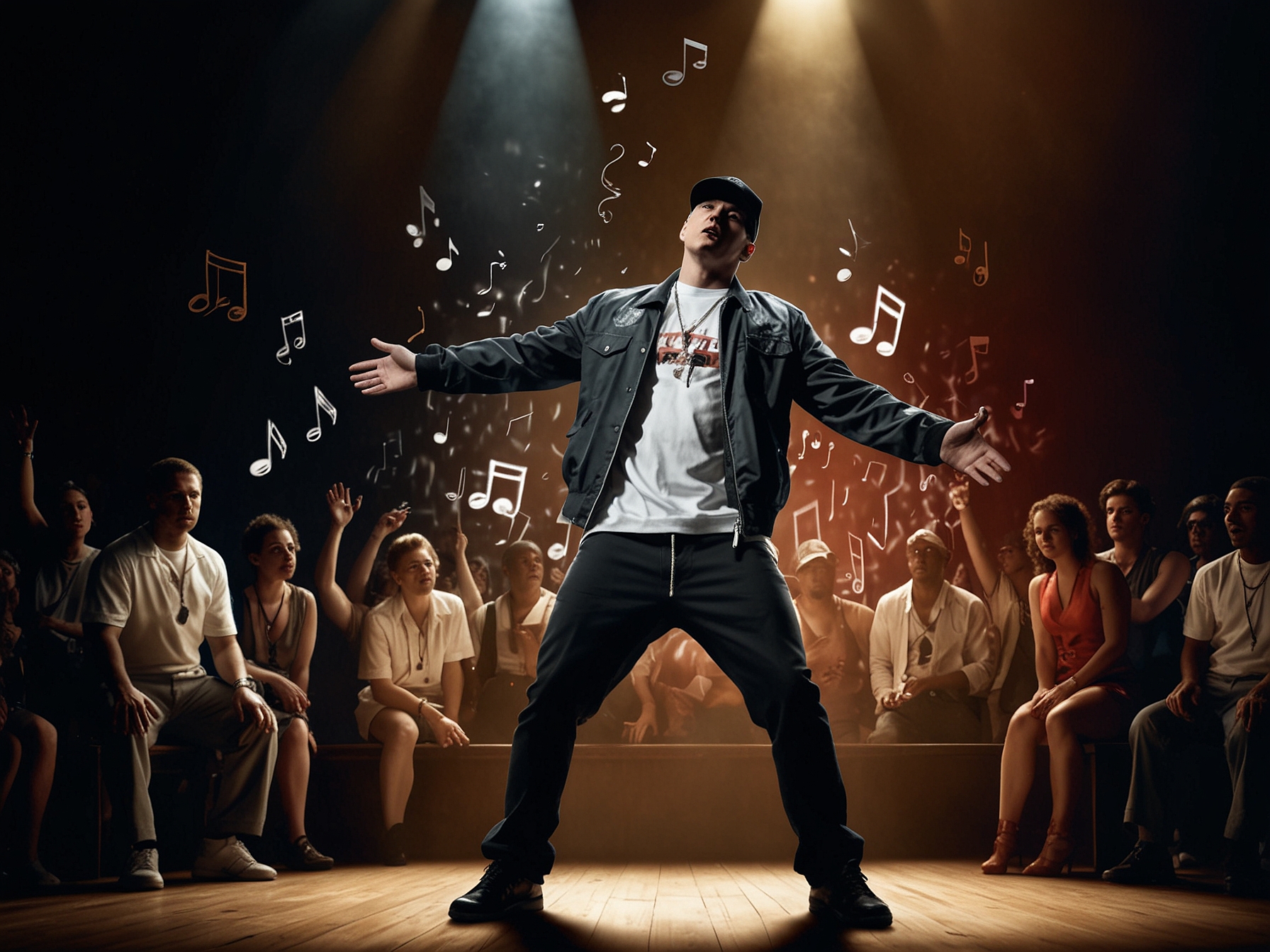 Eminem performing 'Houdini' on stage, with a visual representation of musical notes from the 1980s song he sampled. The image illustrates the fusion of old and new elements.