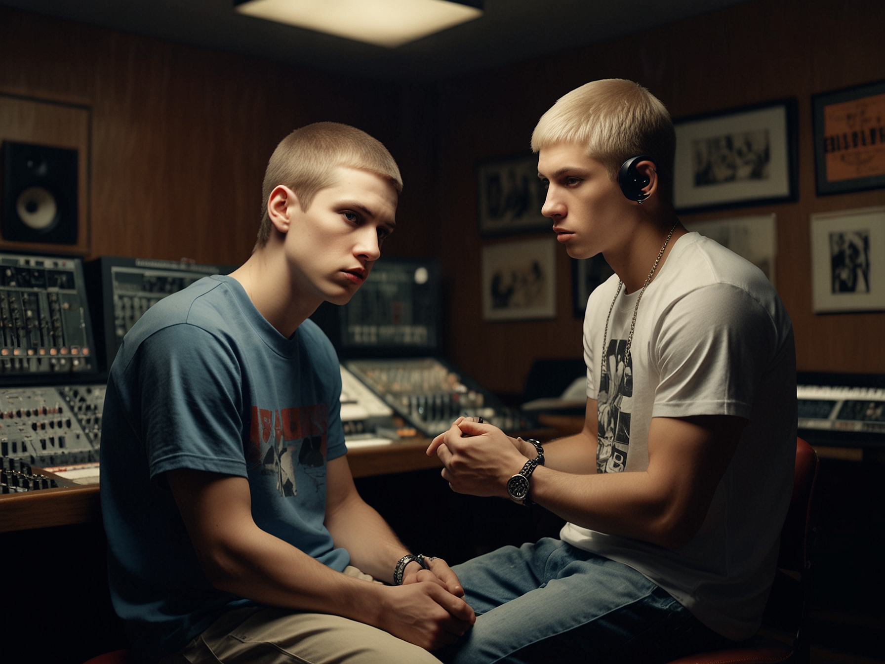 A split-screen image showing a young Eminem in a recording studio juxtaposed with the cover of the 1980s song he sampled. This highlights the controversial choice and the era it originated from.