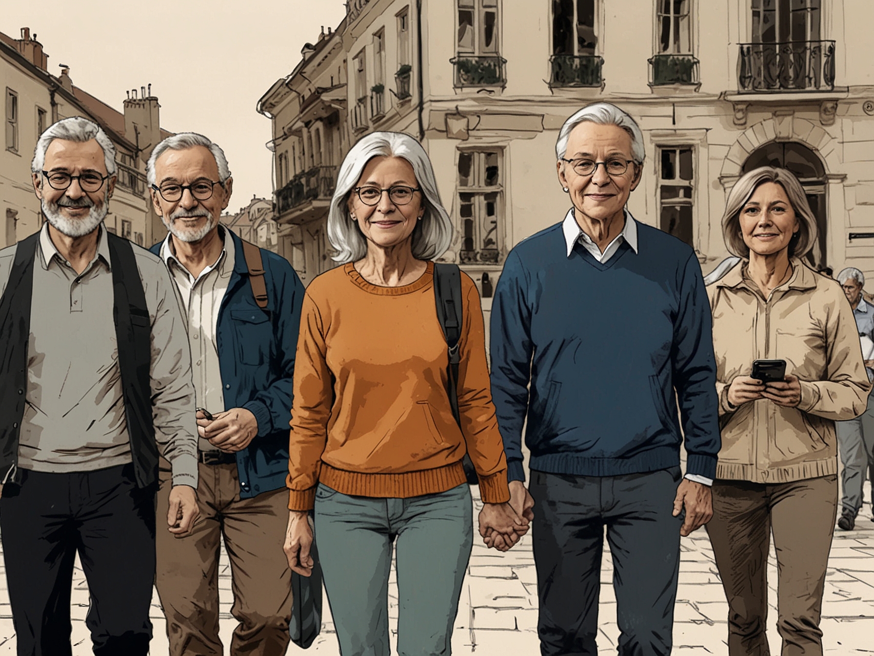 A group of European parents holding hands in solidarity, demonstrating their unified stance against allowing young kids to have smartphones, emphasizing face-to-face interactions and physical activities.