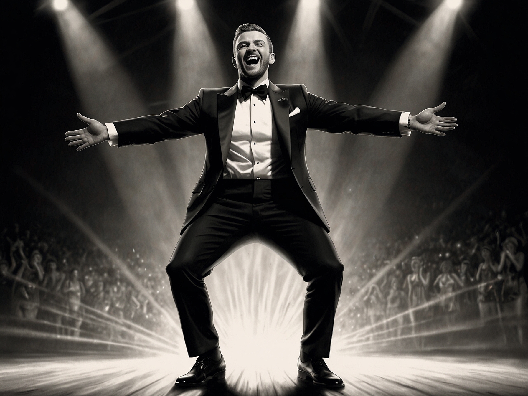 Justin Timberlake performing energetically on stage during his 'Forget Tomorrow World Tour,' captivating audiences with stunning visuals and intricate choreography.