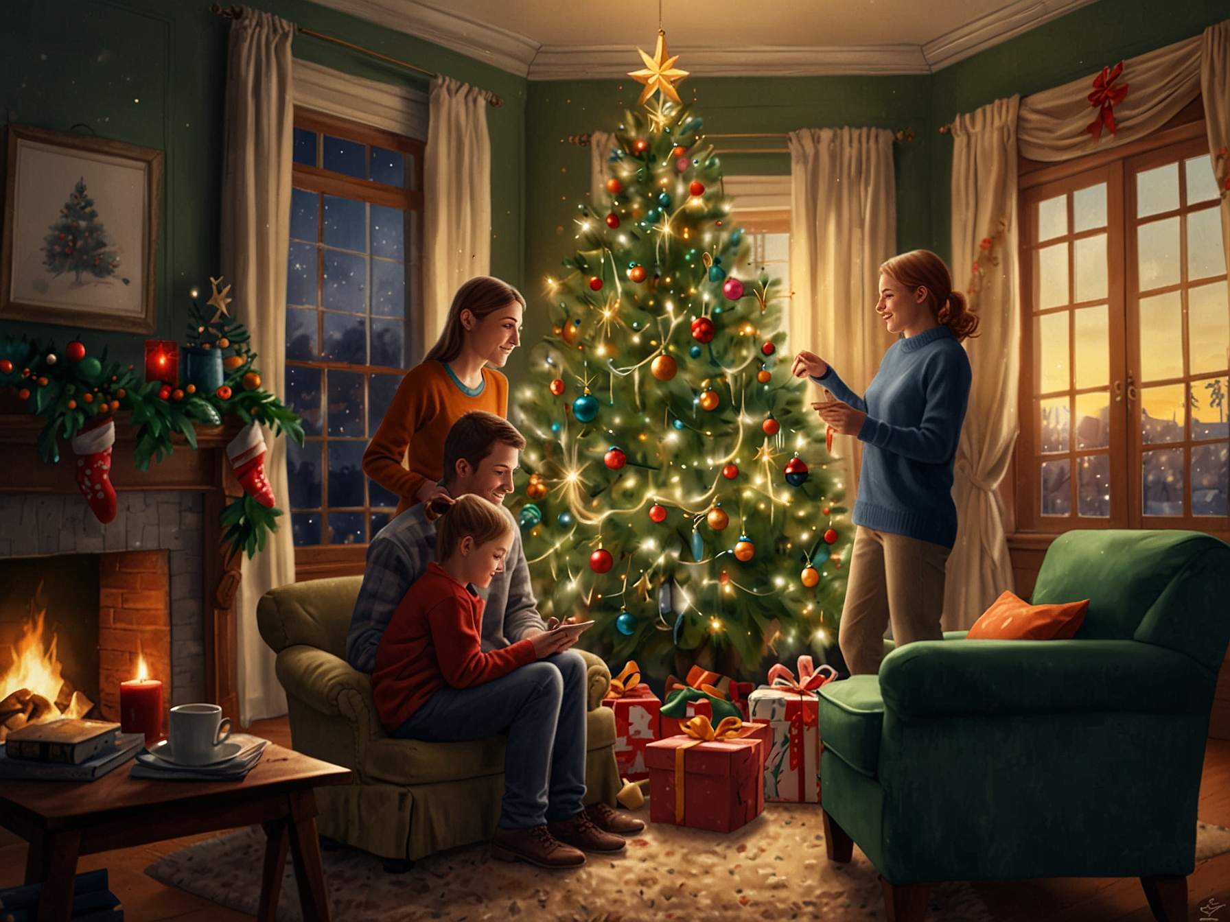 A festive scene where the family, depicted by Angela Stern and Christine Nyhart, gathers around a beautifully decorated Christmas tree, sharing a warm moment of togetherness.