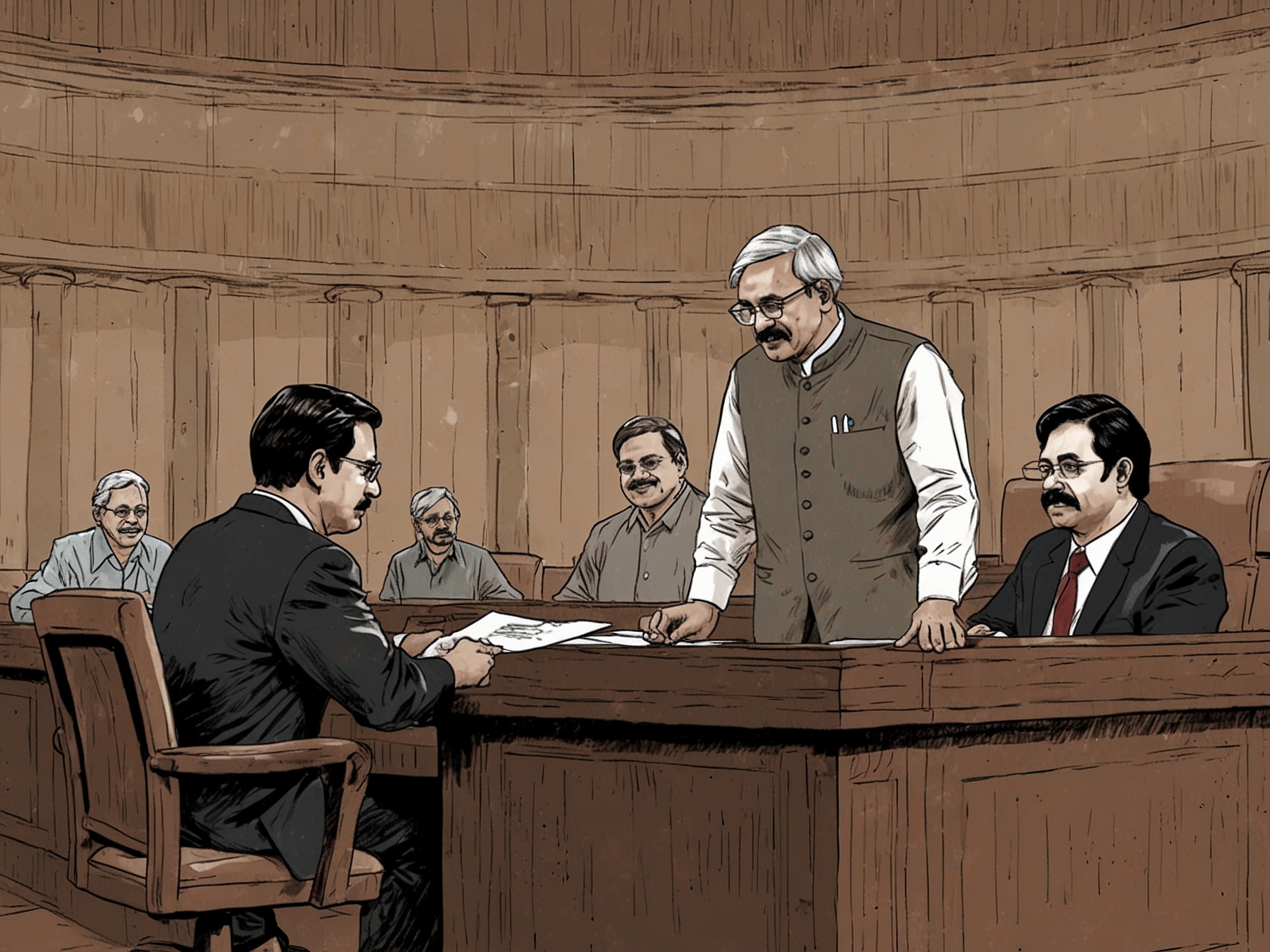 A courtroom scene depicting the judge granting bail to Arvind Kejriwal, highlighting the intricate legal battles and the ongoing scrutiny around the excise policy allegations.
