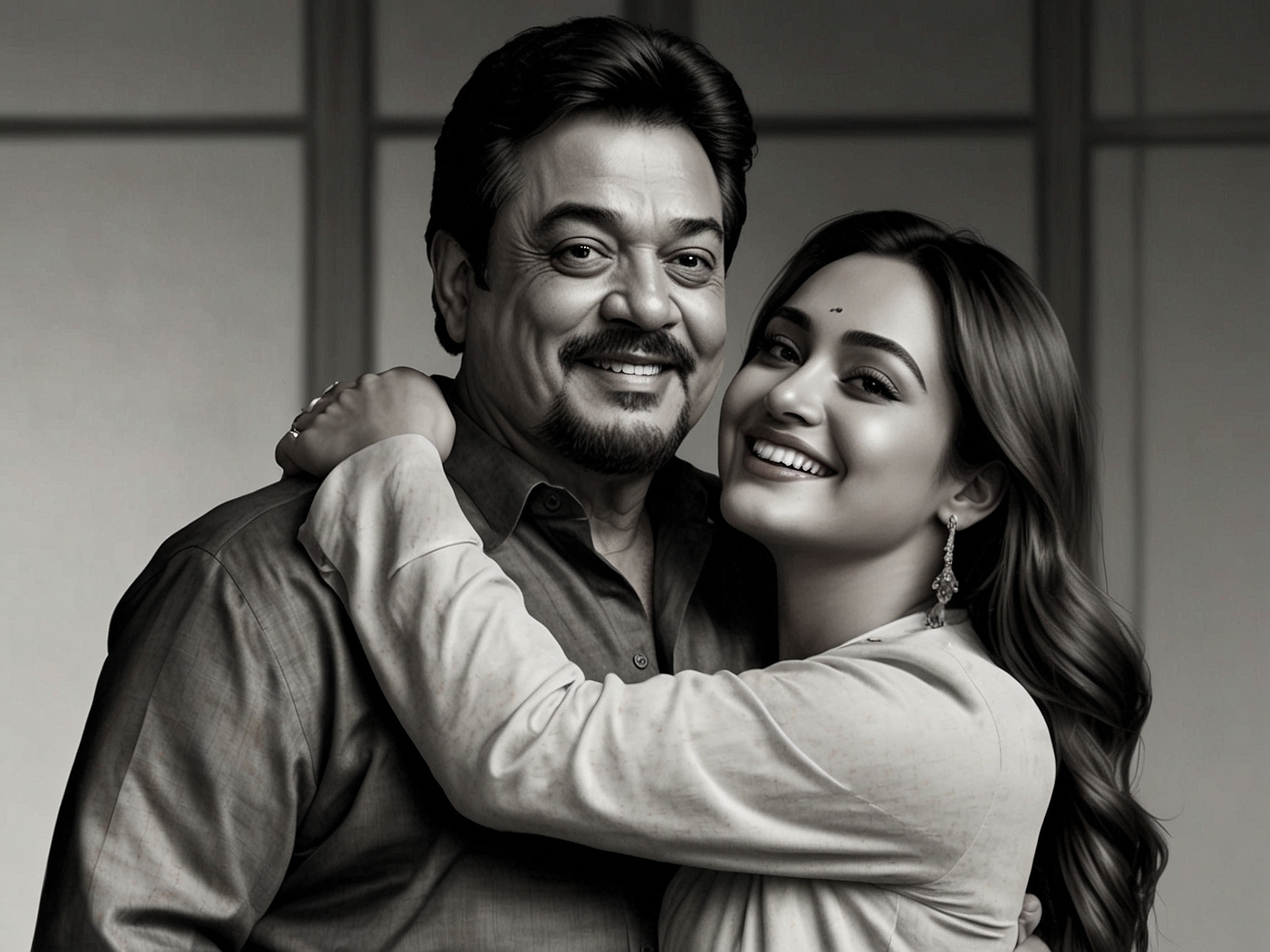 Shatrughan Sinha can be seen warmly embracing Zaheer Iqbal in a heartfelt moment, symbolizing his acceptance into the family. Sonakshi Sinha stands nearby, beaming with happiness.