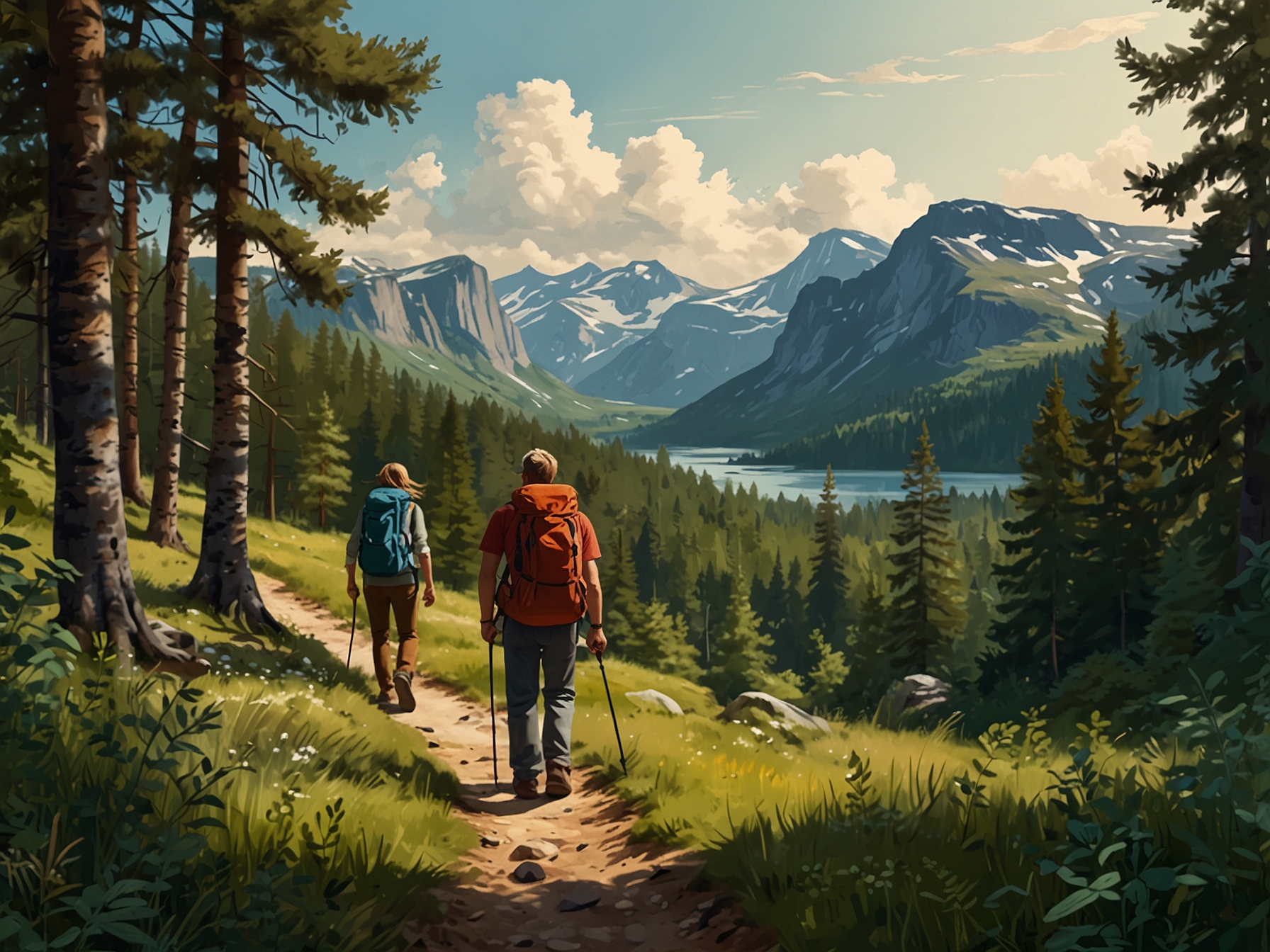 Tourists enjoying a summer hike in the lush forests of Scandinavia, where temperatures are comfortably mild. The image showcases serene landscapes and the vibrant cultural heritage of the region.