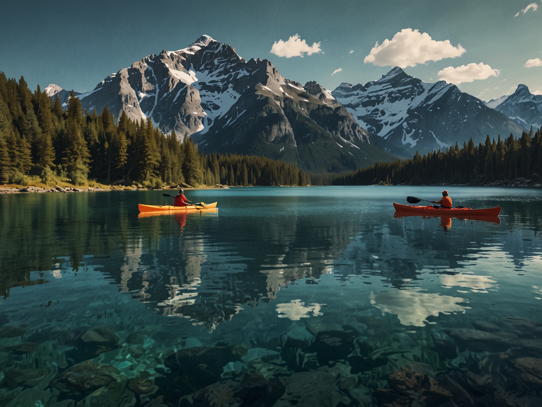 A panoramic view of Banff National Park in Canada, featuring kayakers on a crystal-clear lake surrounded by majestic mountain peaks. The image highlights the ideal outdoor adventure setting in pleasantly moderate temperatures.