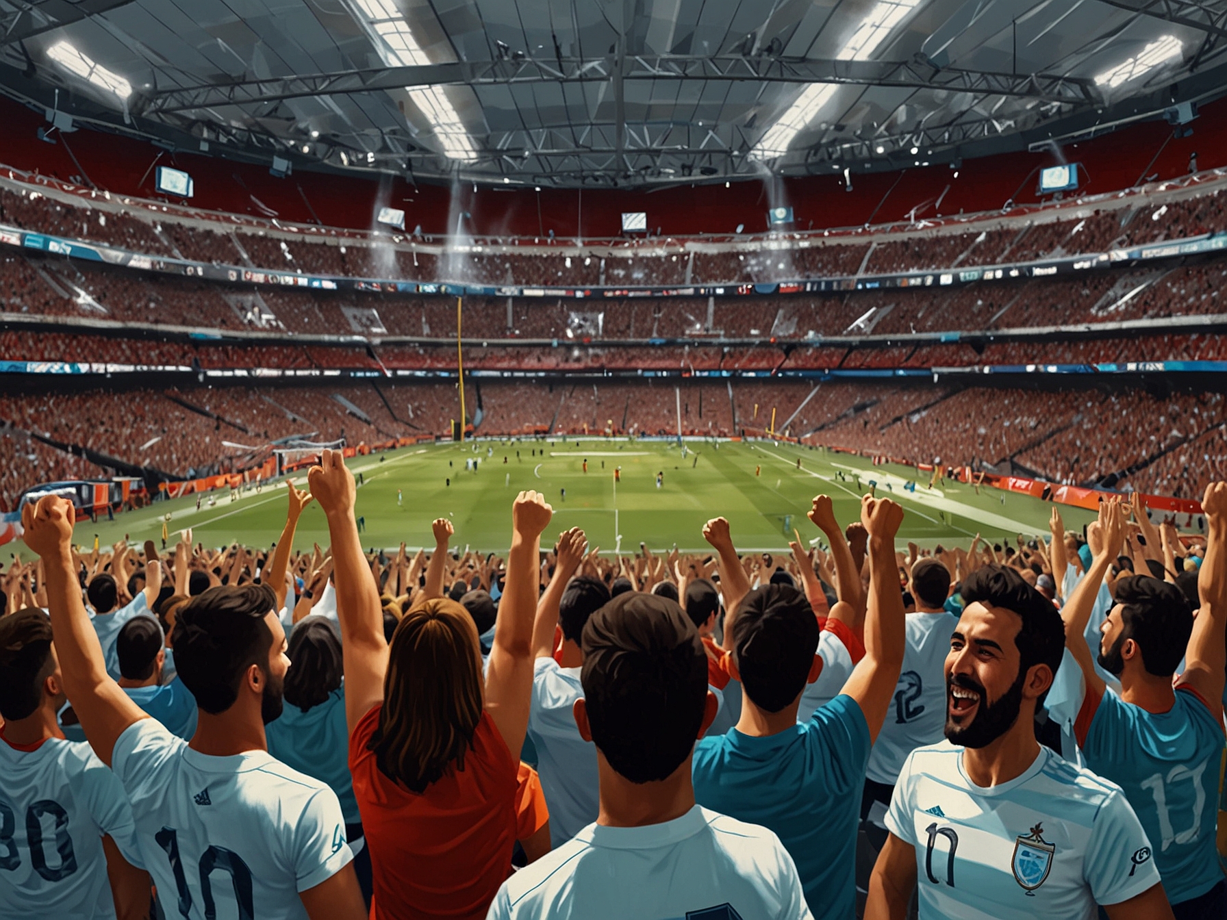 A vibrant illustration showing fans cheering in a packed Mercedes-Benz Stadium, eagerly awaiting the Argentina vs Canada Copa America 2024 match, highlighting the excitement of live sports.